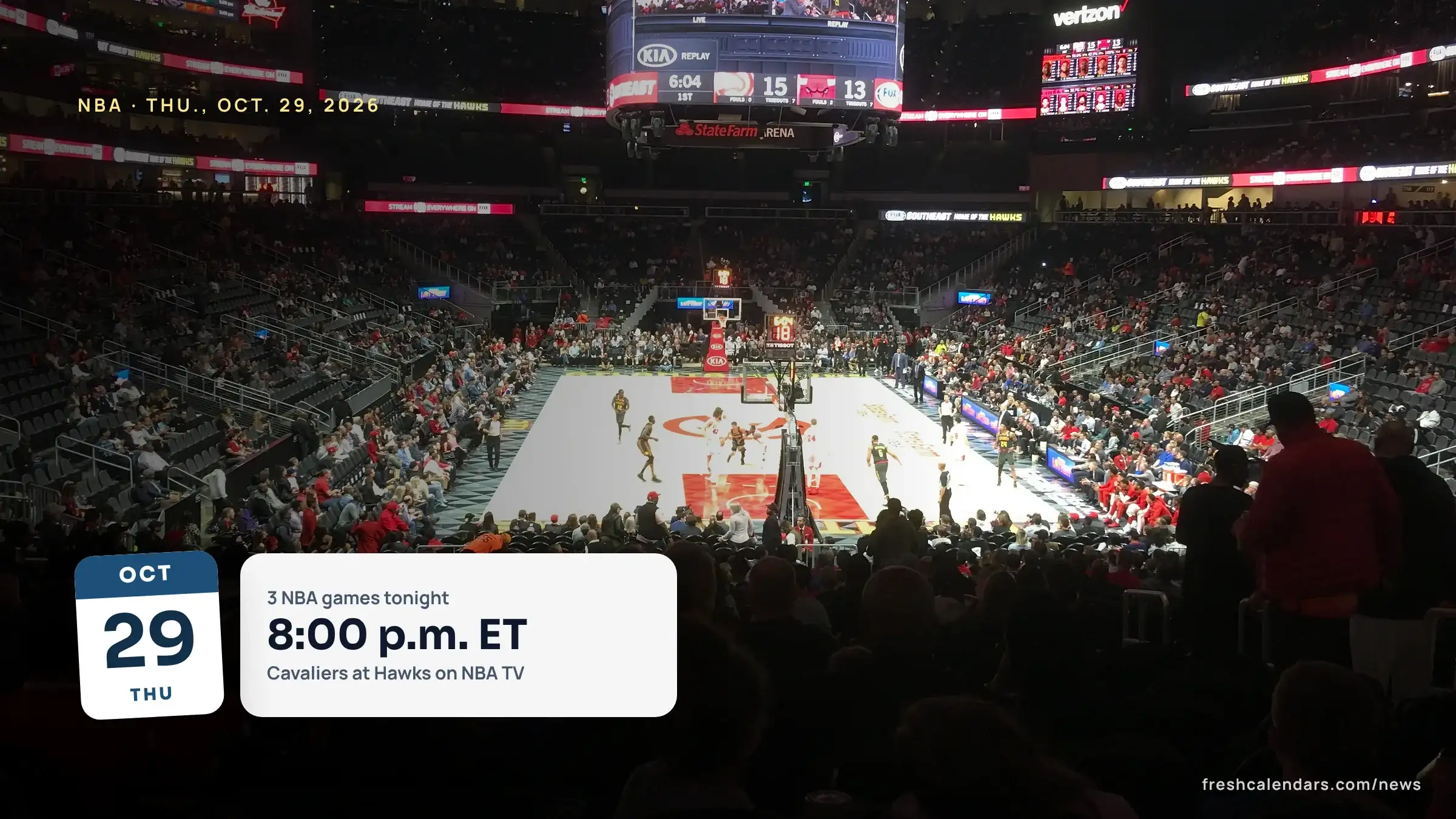 Fans in the stands at State Farm Arena in Atlanta during a Hawks home game, where one of the NBA games today tips off on Oct. 29, 2026