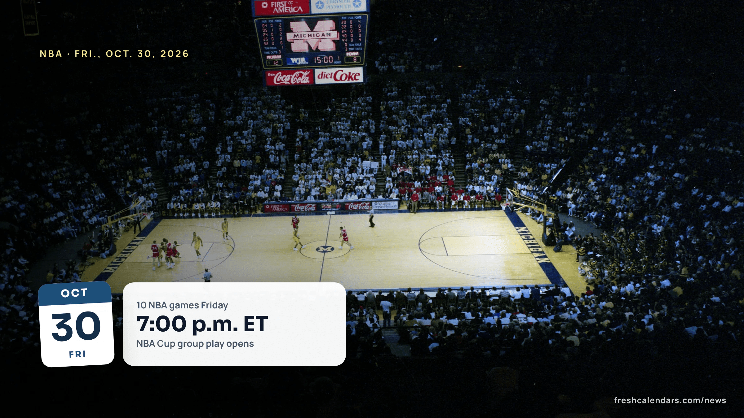 Wide view of a packed basketball arena from the upper deck, for the NBA games today on Friday, Oct. 30, 2026