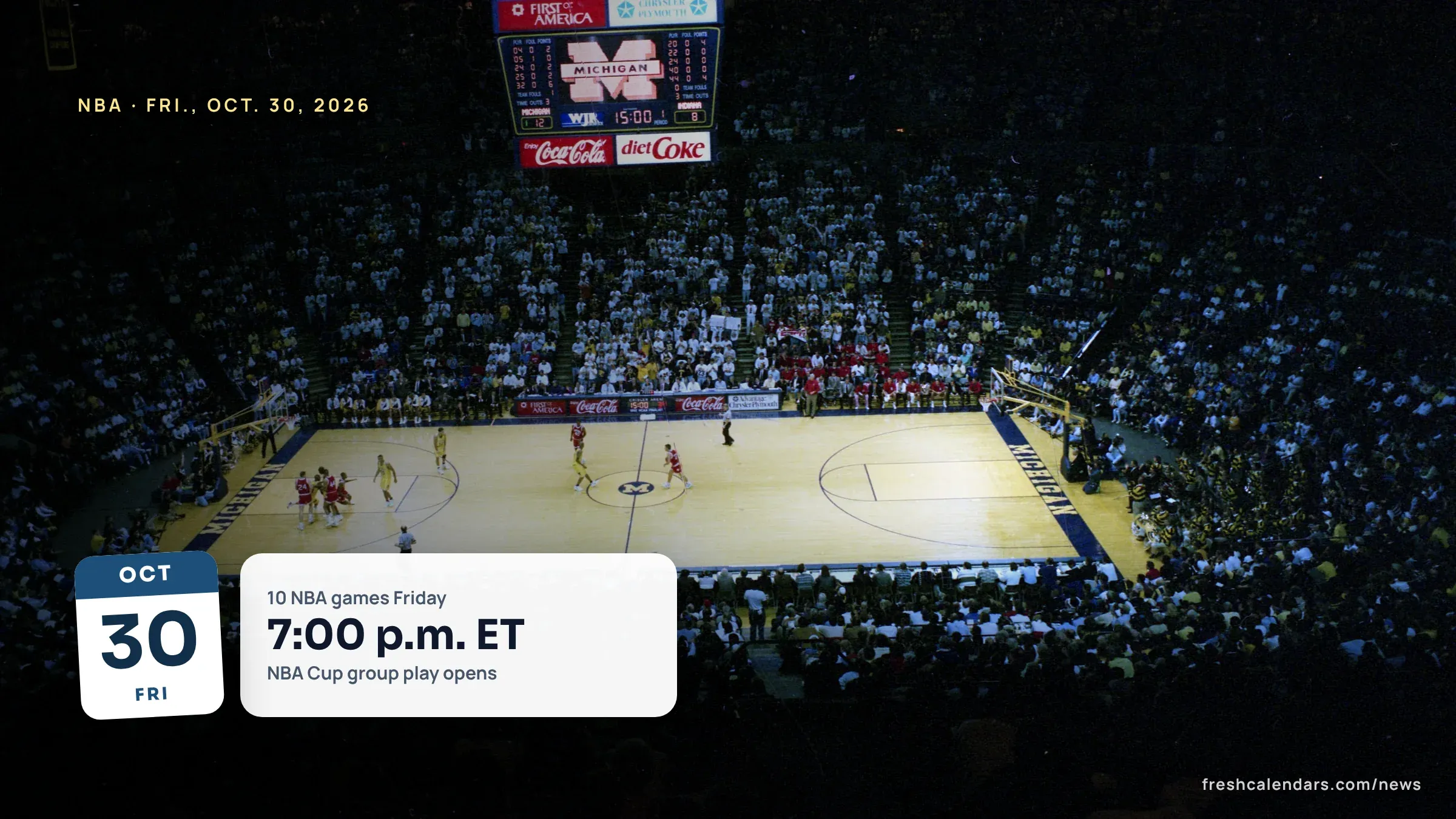 NBA Games Today: Friday, Oct. 30, 2026 Schedule, Tip-Off Times and TV Wide view of a packed basketball arena from the upper deck, for the NBA games today on Friday, Oct. 30, 2026
