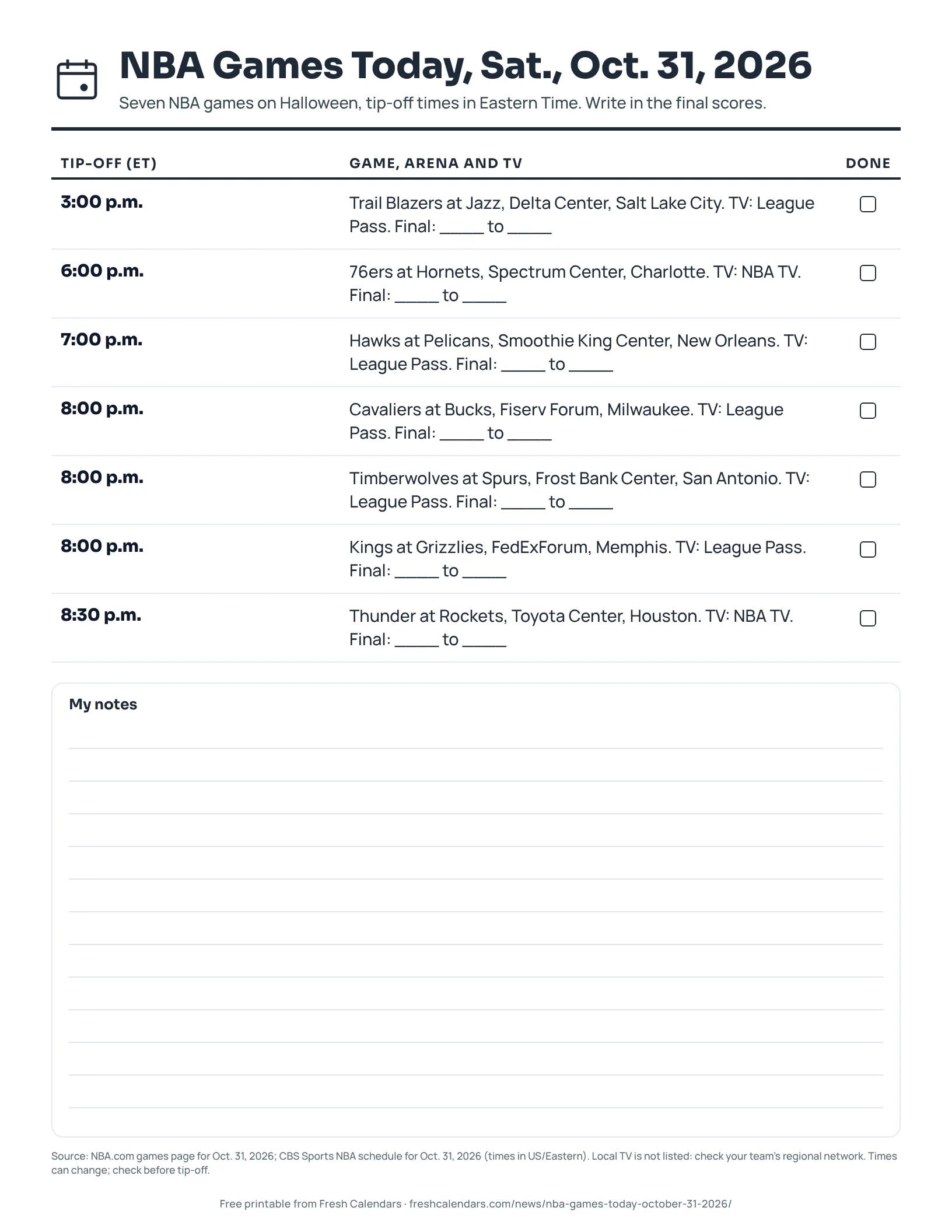 NBA Games Today, Sat., Oct. 31, 2026 (ink saver) Printable NBA games today sheet for Oct. 31, 2026, listing seven games with tip-off times, arenas, TV and score lines, ink-saver version