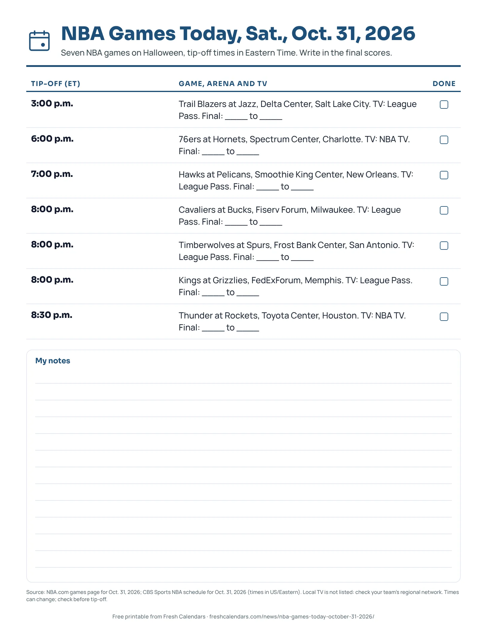 NBA Games Today, Sat., Oct. 31, 2026 Printable NBA games today sheet for Oct. 31, 2026, listing seven games with tip-off times, arenas, TV and score lines