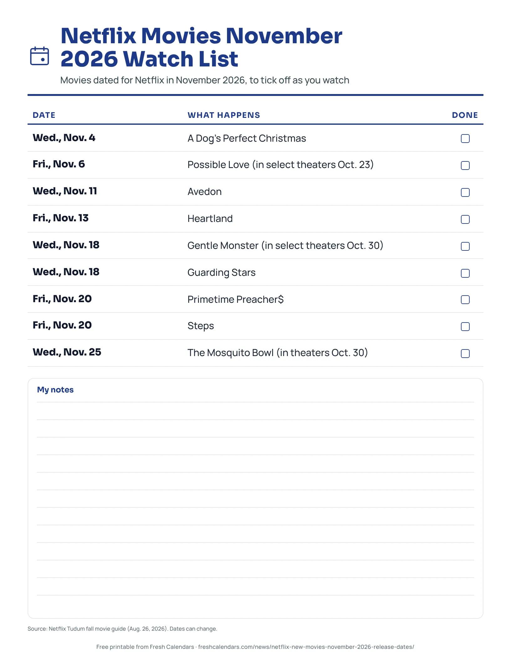 Printable Netflix movies November 2026 watch list with the release date and title of nine movies and a tick box for each