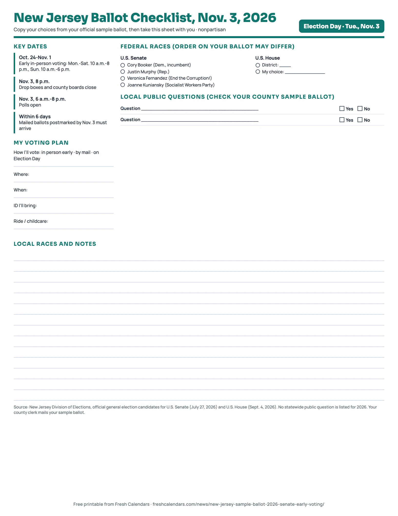 New Jersey Ballot Checklist, Nov. 3, 2026 New Jersey ballot checklist 2026 printable with the U.S. Senate candidates, early voting dates and space for House and local races
