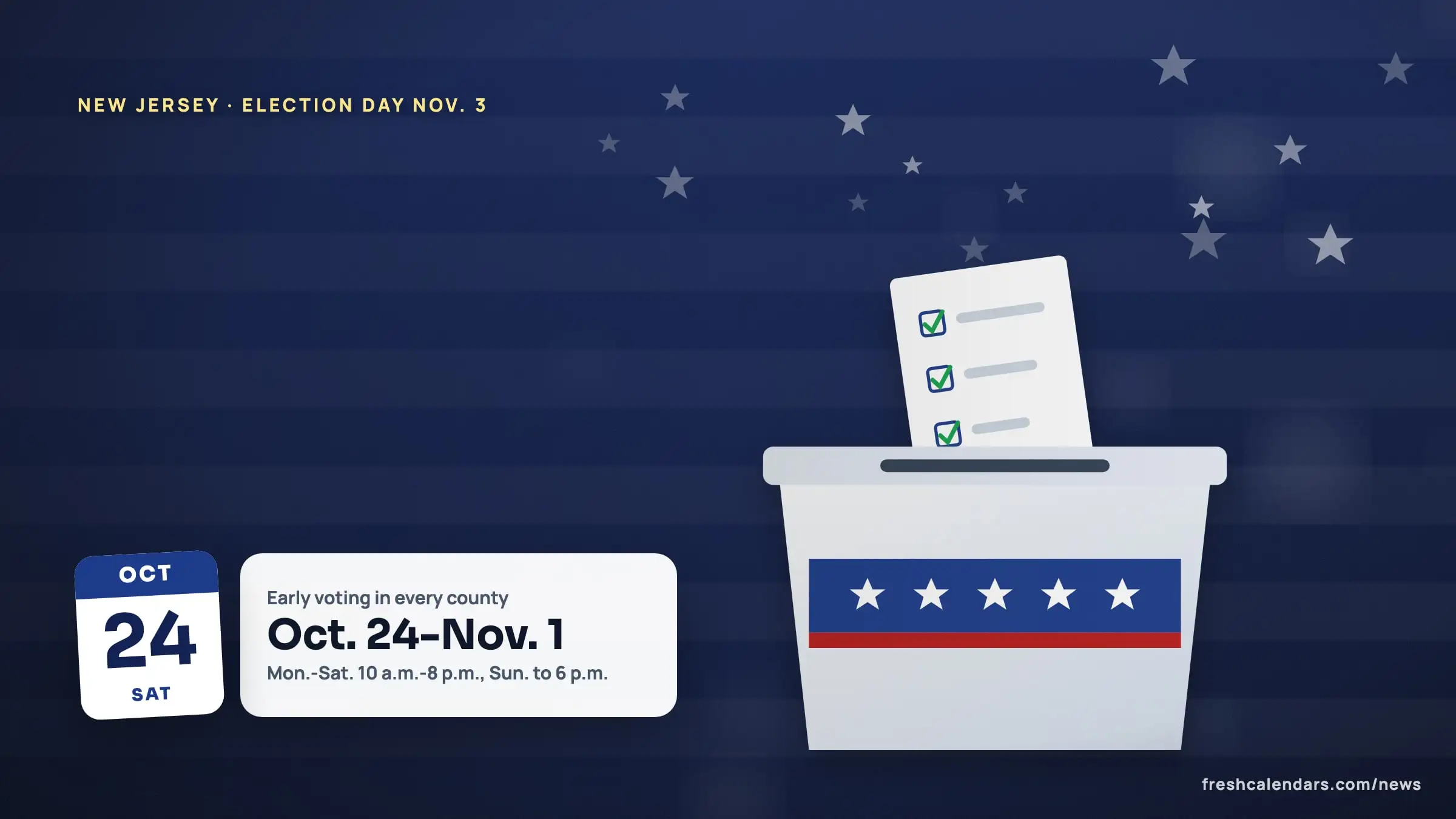 New Jersey sample ballot 2026 illustration: a ballot box scene with an Oct. 24 date tile and a card for early voting Oct. 24 to Nov. 1