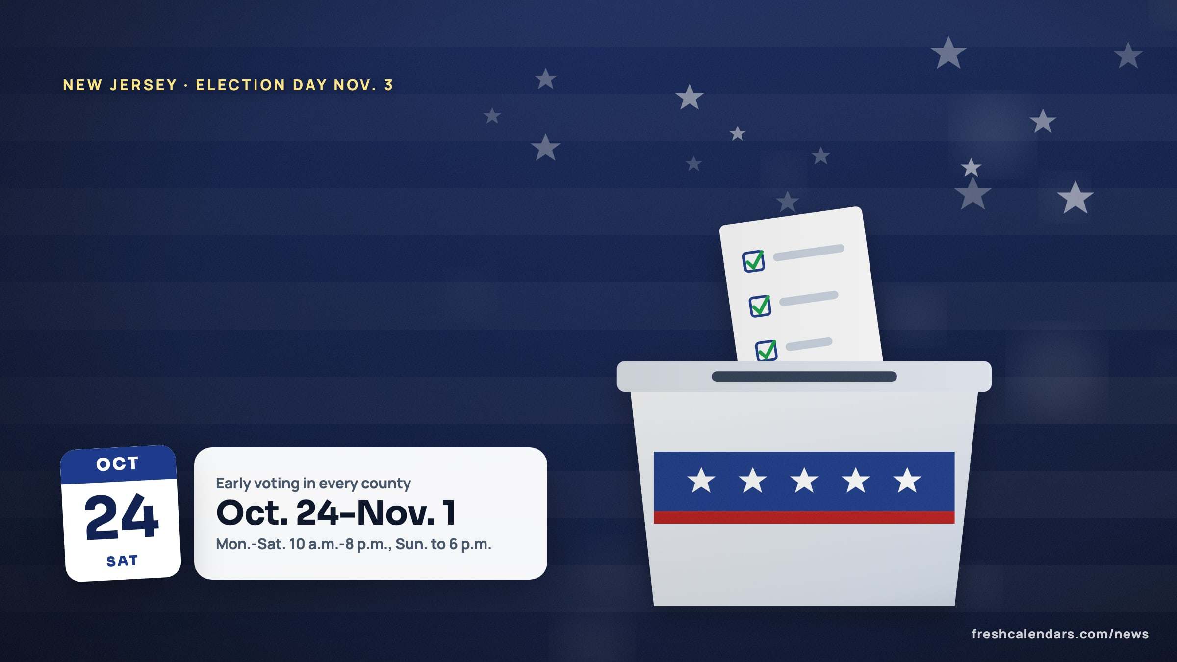 New Jersey sample ballot 2026 illustration: a ballot box scene with an Oct. 24 date tile and a card for early voting Oct. 24 to Nov. 1