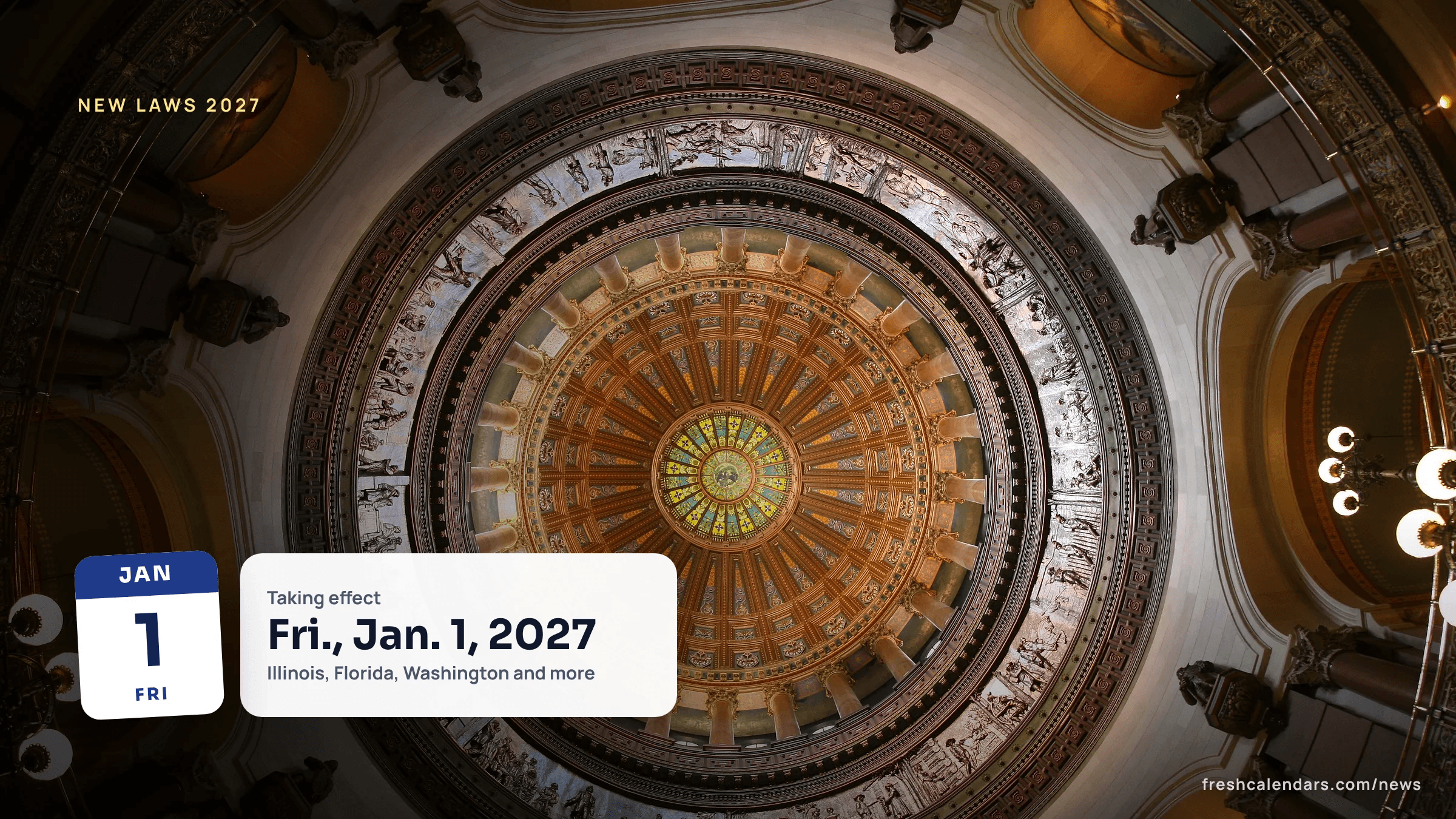 Illinois State Capitol dome, where new laws taking effect January 1, 2027 were signed