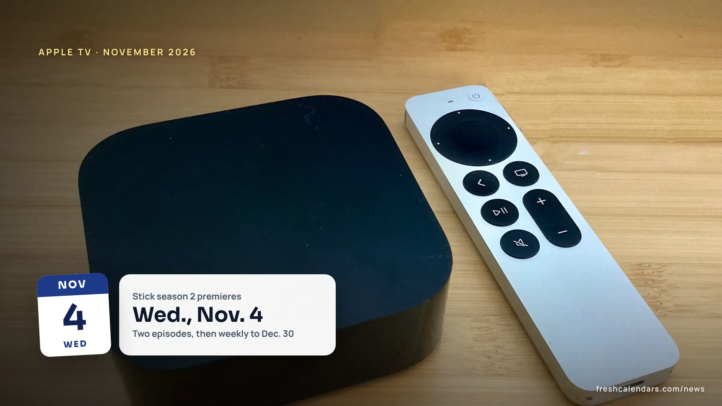 New on Apple TV November 2026: an Apple TV 4K streaming box and its silver remote on a wooden table