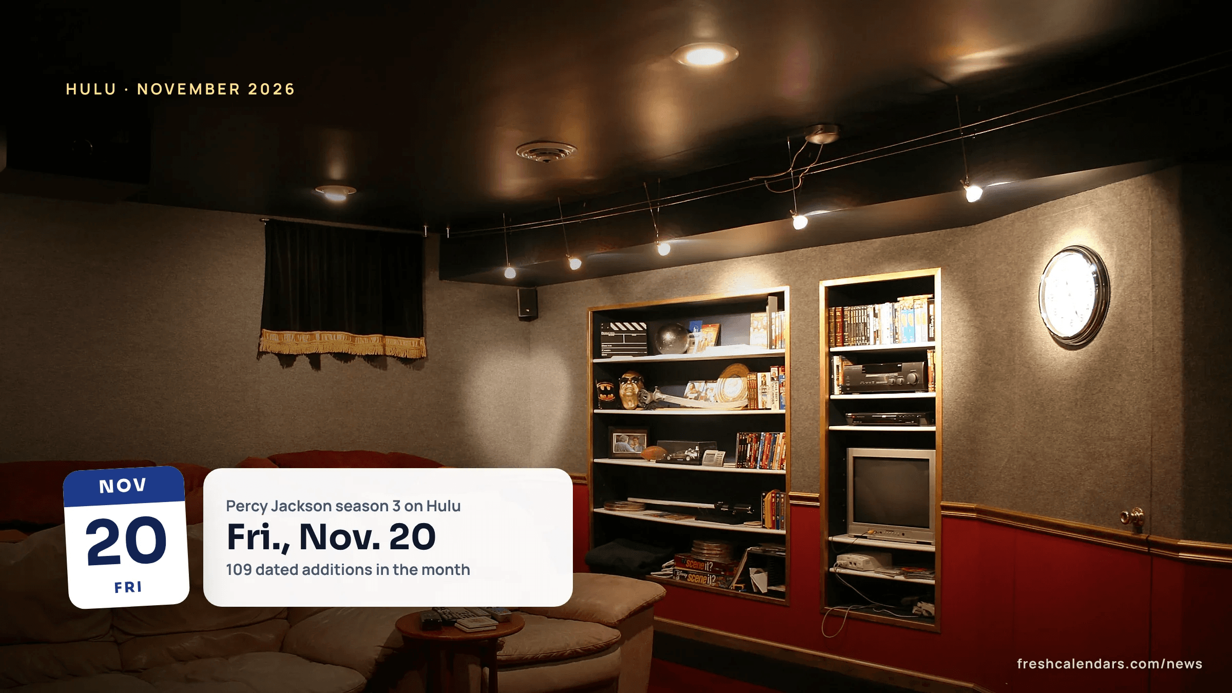 New on Hulu November 2026: a home theater room with a sofa facing the screen, for the month's Hulu release dates
