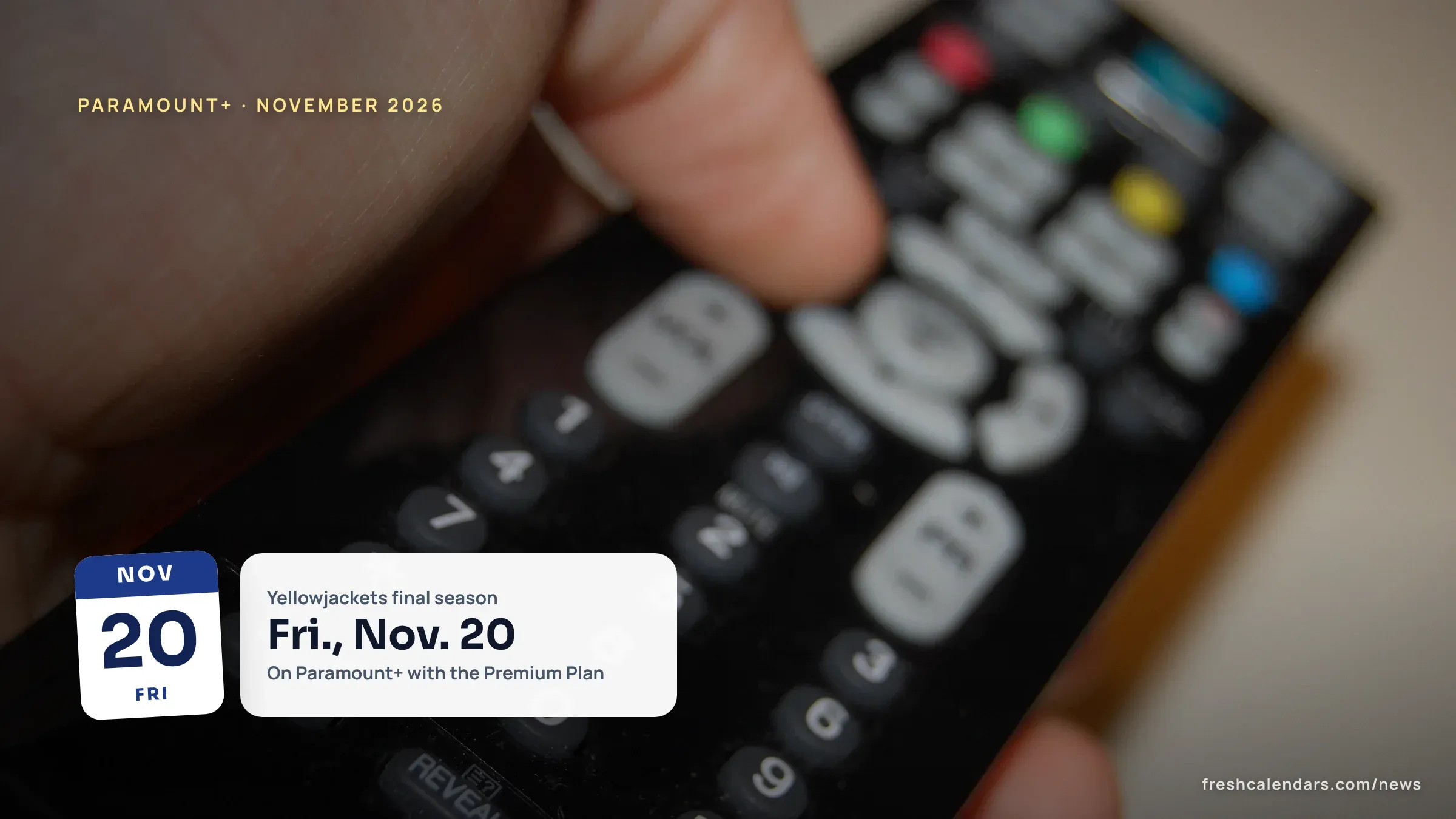 A hand holding a TV remote control, for the list of what is new on Paramount+ in November 2026
