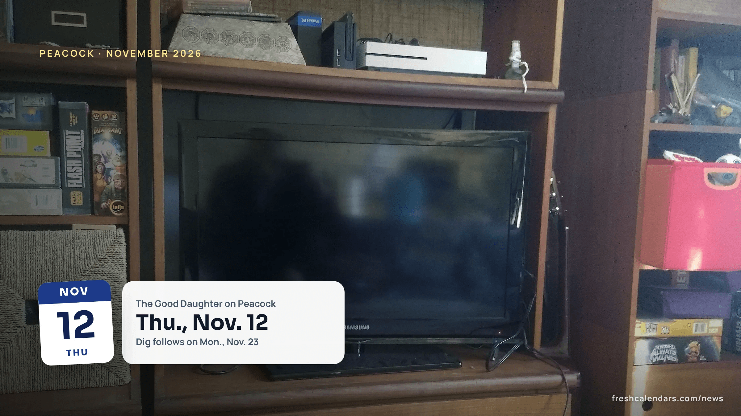 New on Peacock November 2026: a flat-screen television on a living room shelf