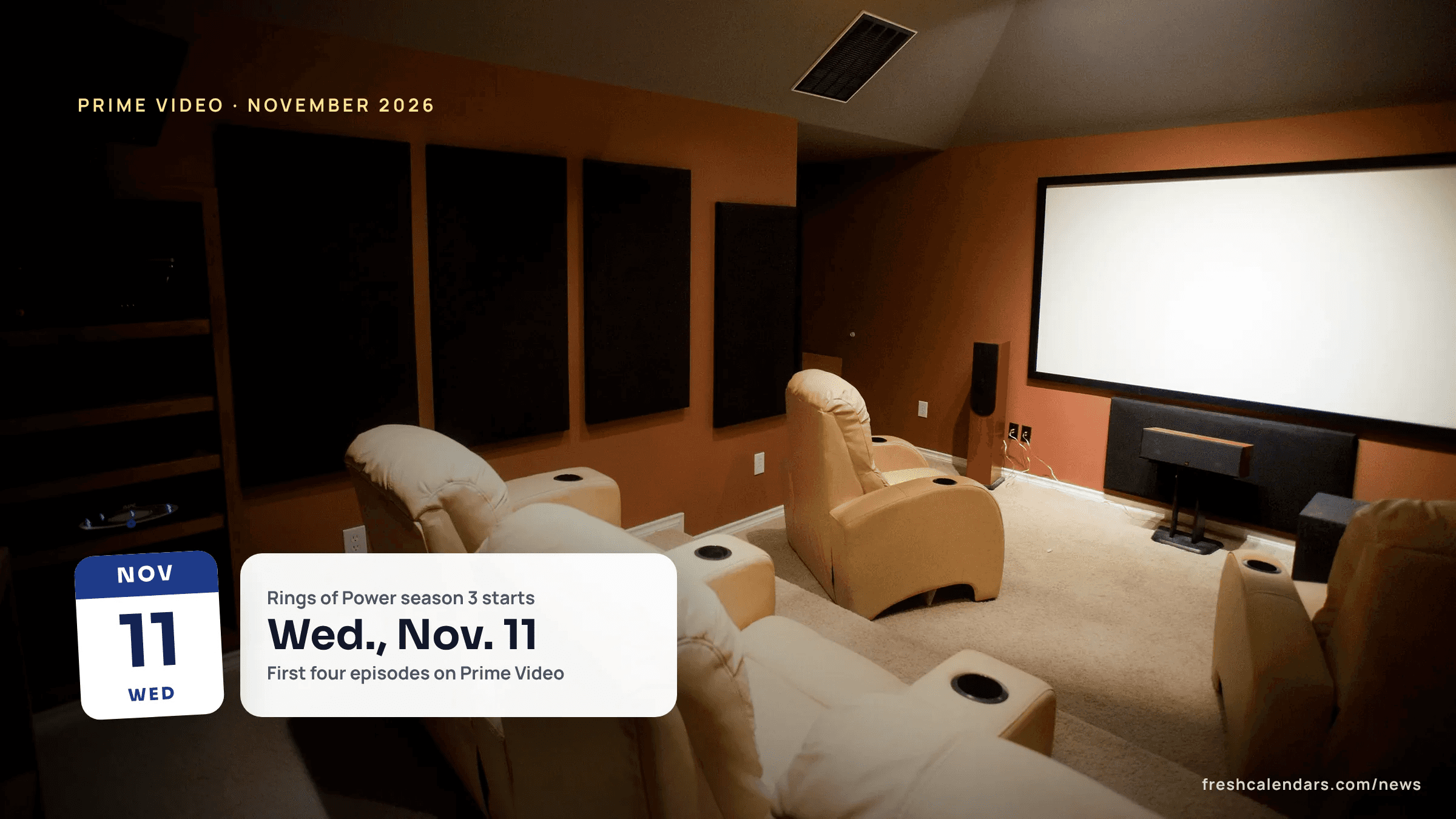 A home theater room with leather recliners facing a large projection screen