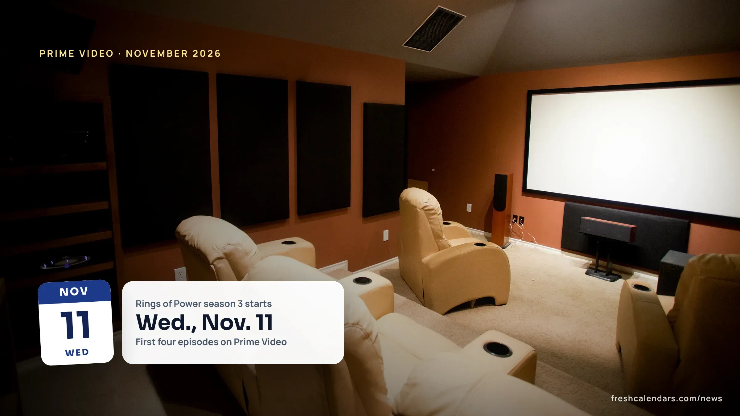 A home theater room with leather recliners facing a large projection screen