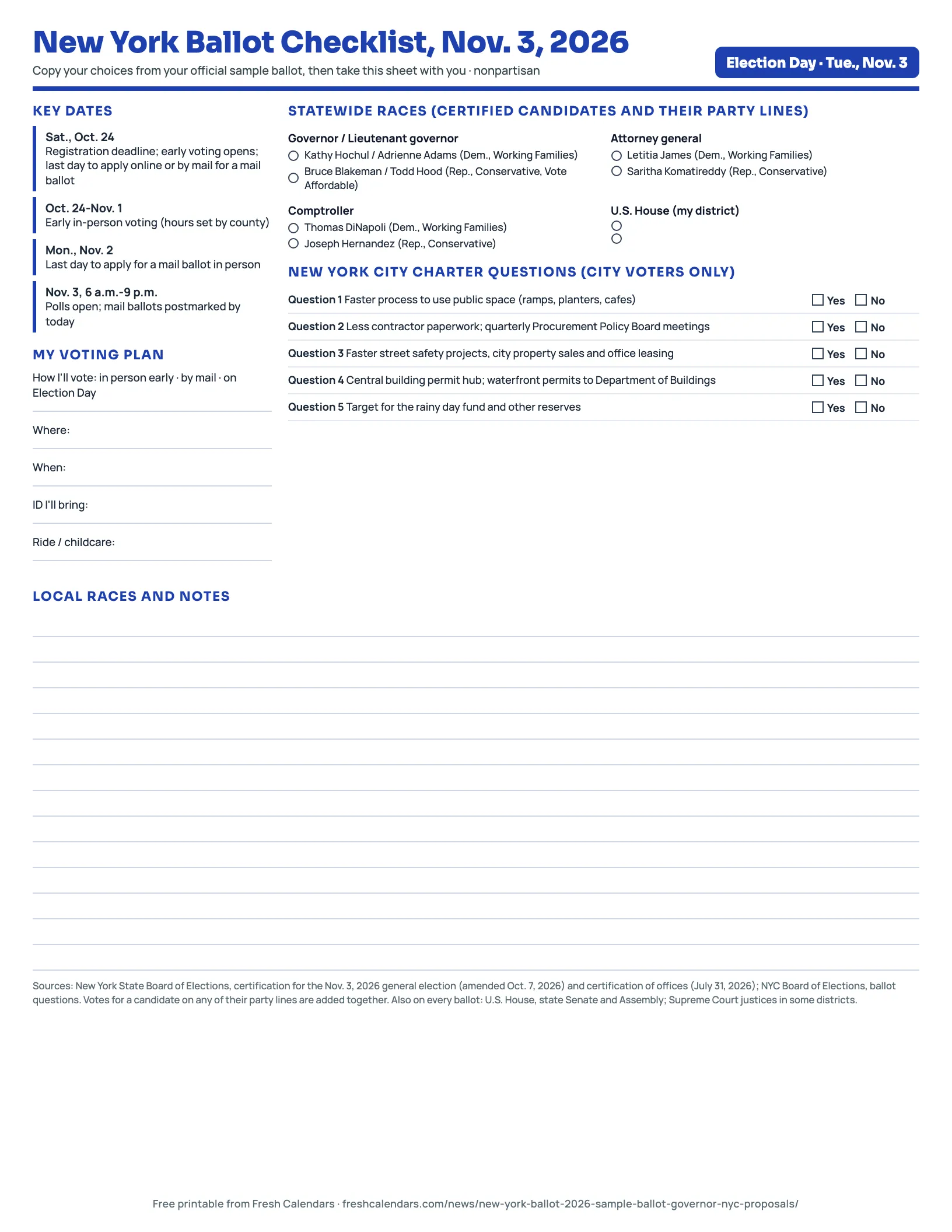 New York Ballot Checklist, Nov. 3, 2026 New York ballot checklist 2026 printable with candidates for governor, attorney general and comptroller and NYC's five questions