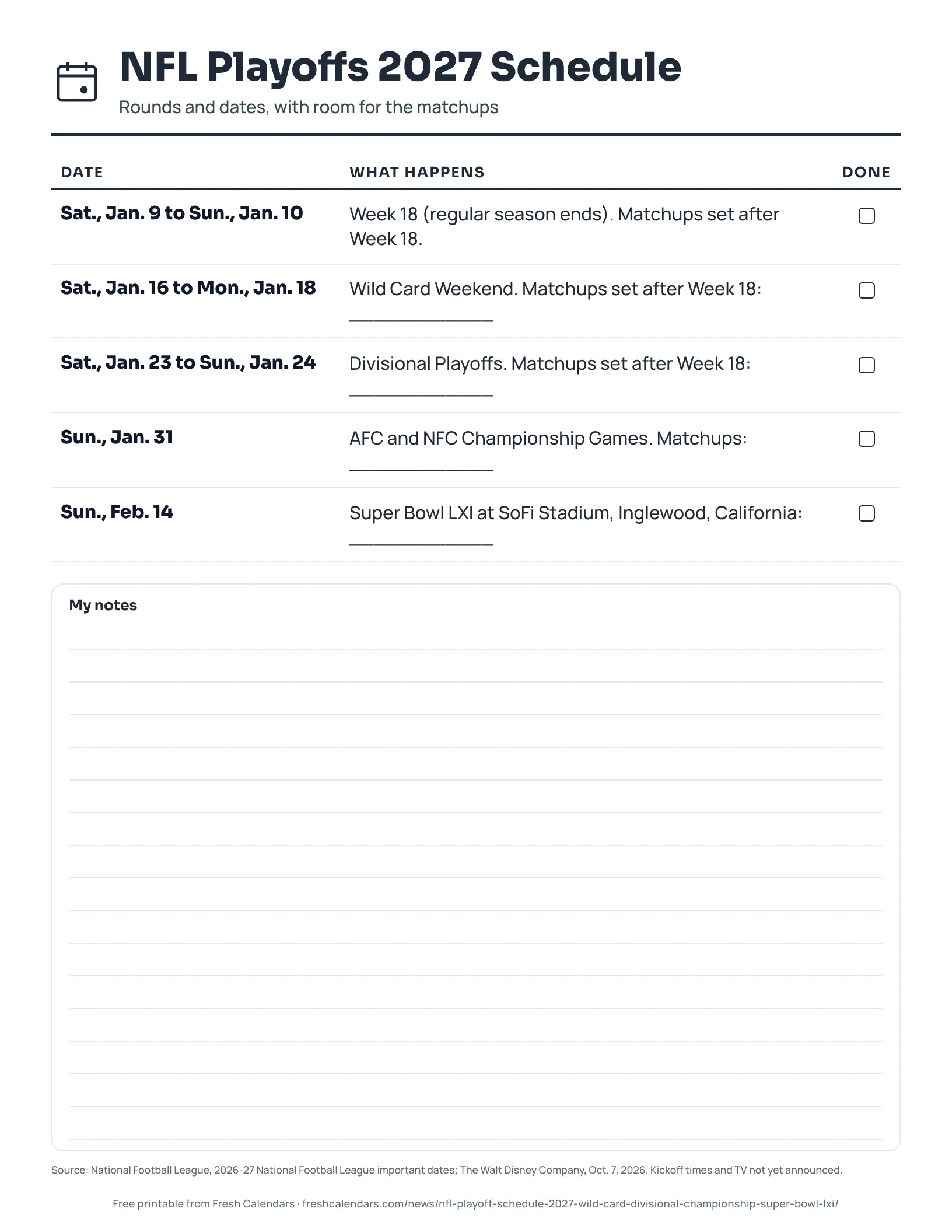 NFL Playoffs 2027 Schedule (ink saver) Printable list of the 2027 NFL playoff rounds with dates and blank lines for matchups, ink-saver version