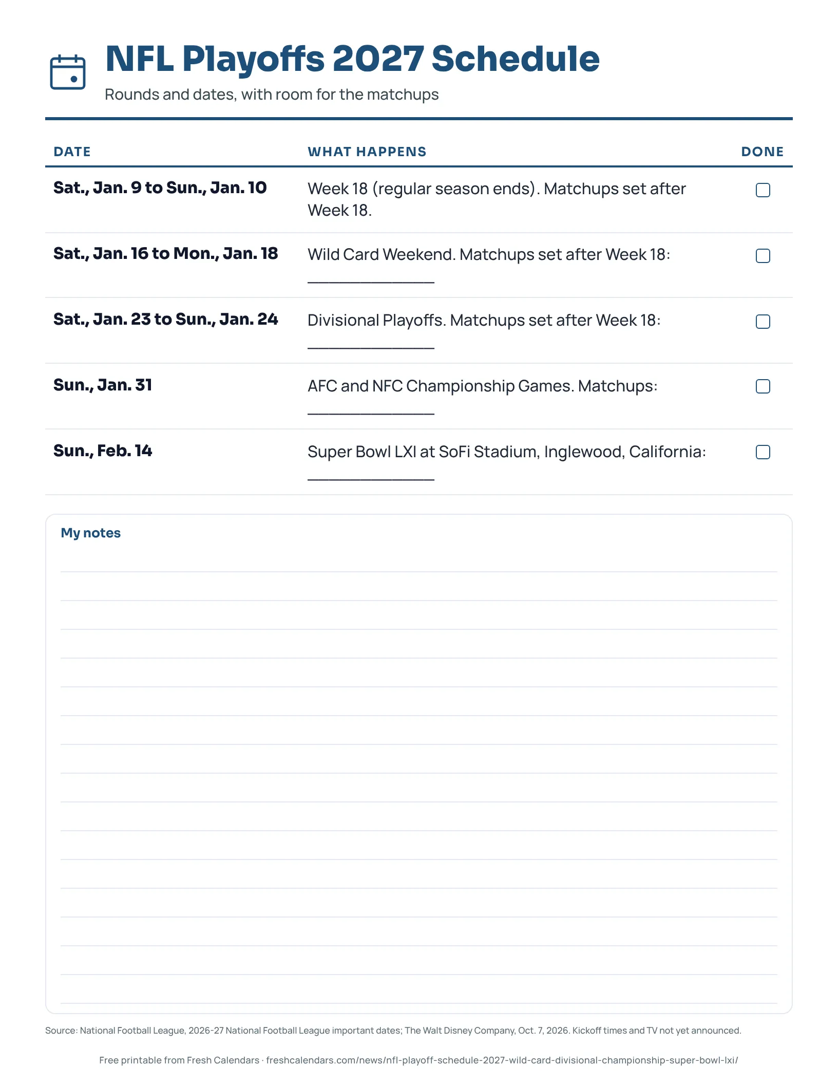 NFL Playoffs 2027 Schedule Printable list of the 2027 NFL playoff rounds with dates and blank lines for matchups
