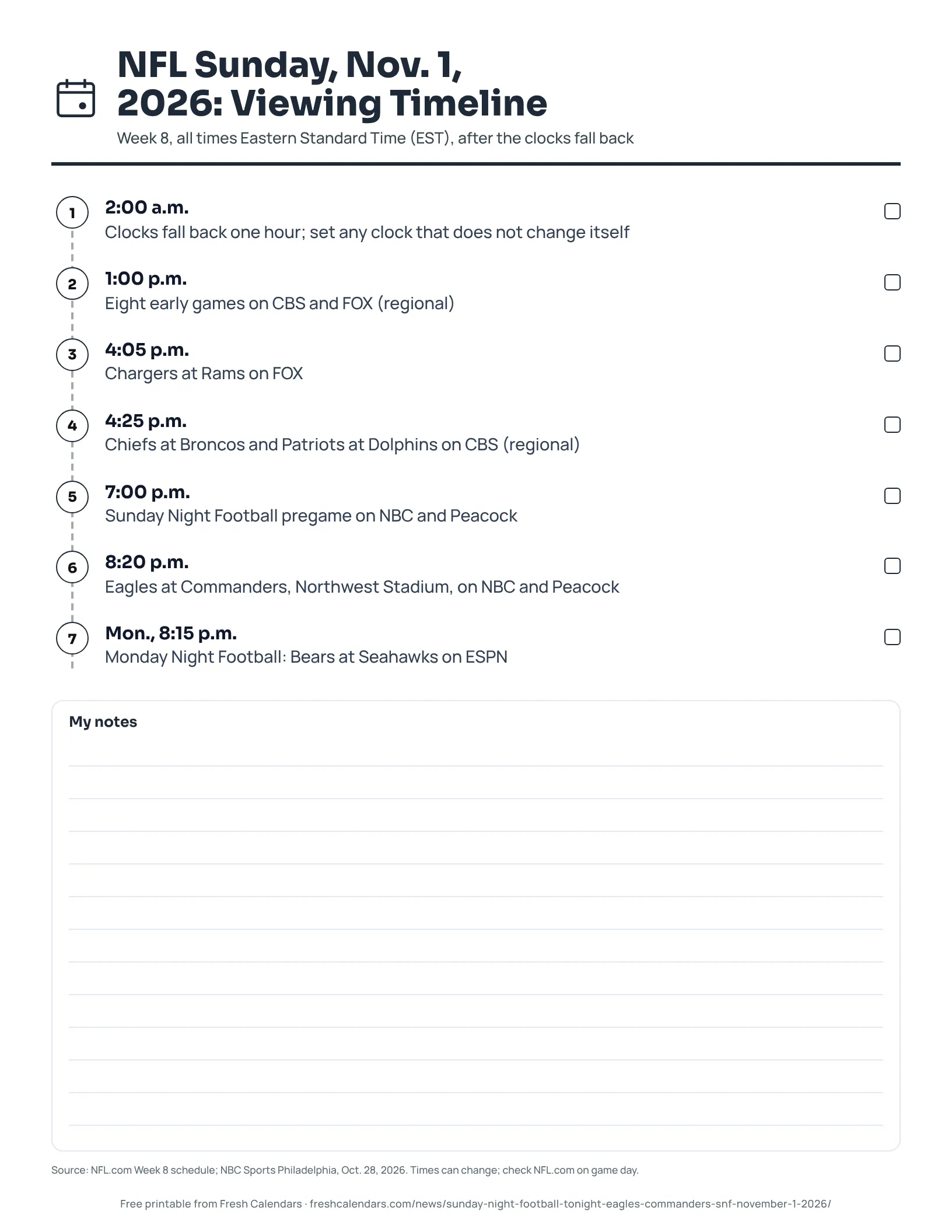 NFL Sunday, Nov. 1, 2026: Viewing Timeline (ink saver) Printable NFL Sunday viewing timeline for Nov. 1, 2026, from the 2 a.m. clock change to Eagles at Commanders at 8:20 p.m. ET, ink-saver version