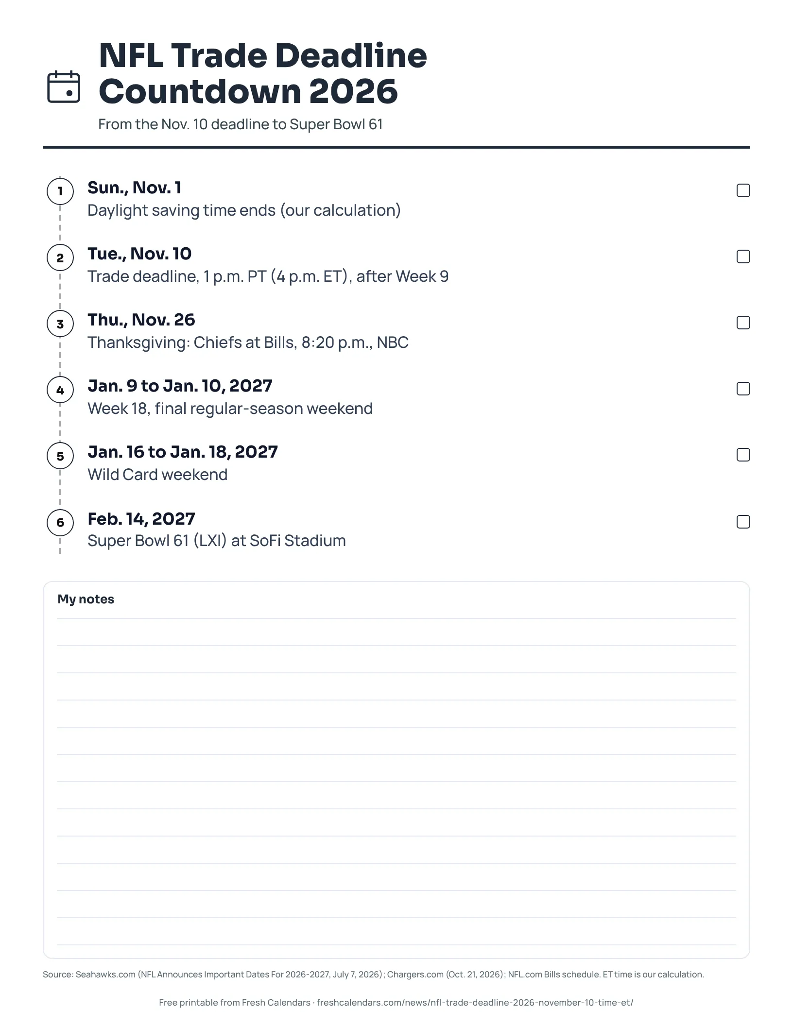 NFL Trade Deadline Countdown 2026 (ink saver) Printable NFL trade deadline 2026 countdown timeline from Nov. 10 to the Super Bowl on Feb. 14, 2027, ink-saver version