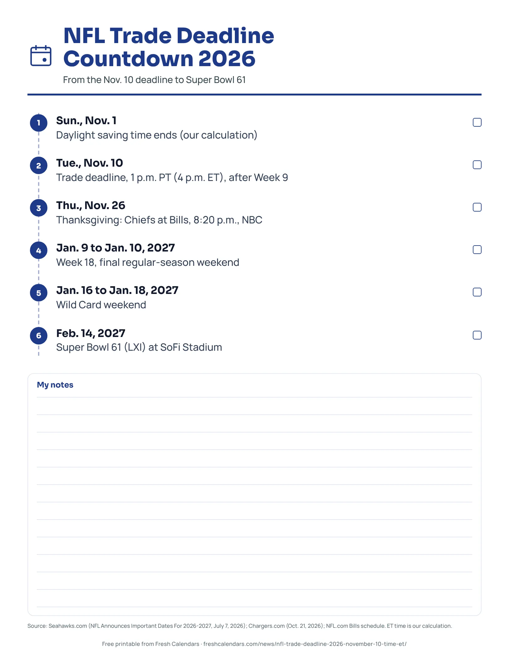 NFL Trade Deadline Countdown 2026 Printable NFL trade deadline 2026 countdown timeline from Nov. 10 to the Super Bowl on Feb. 14, 2027