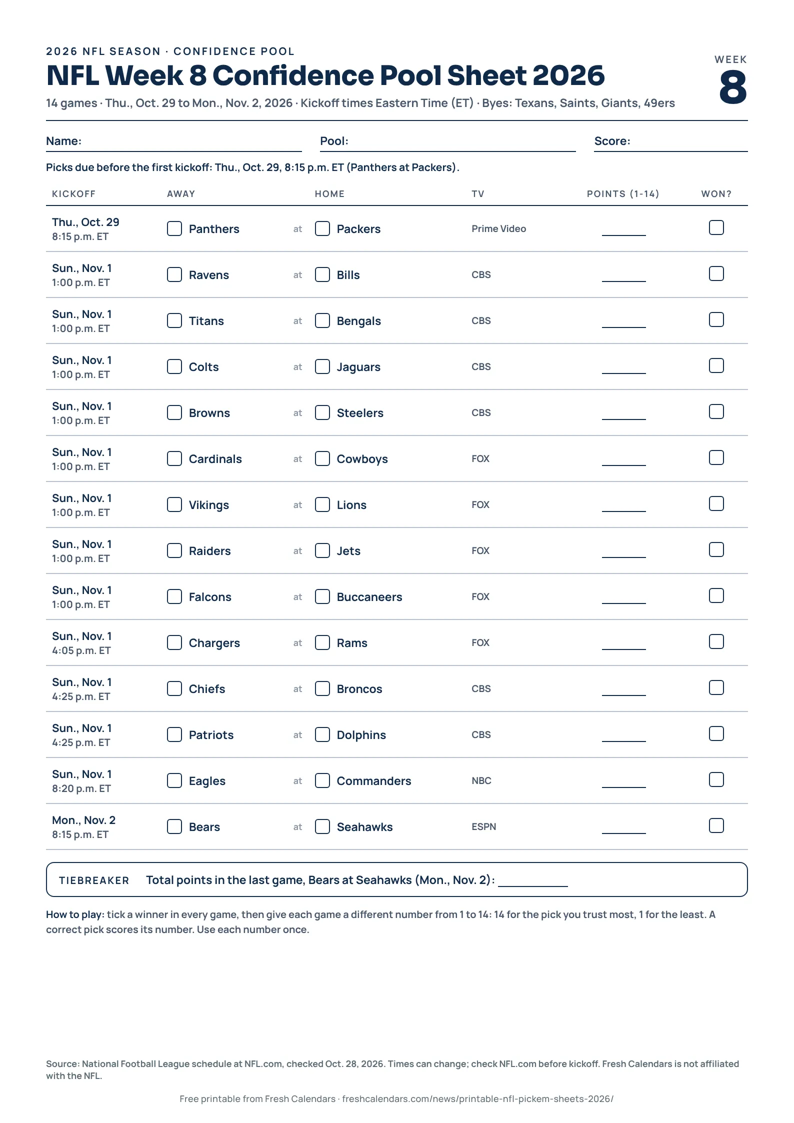 Printable NFL Week 8 confidence pool sheet for 2026 listing every game with tick boxes, A4 size