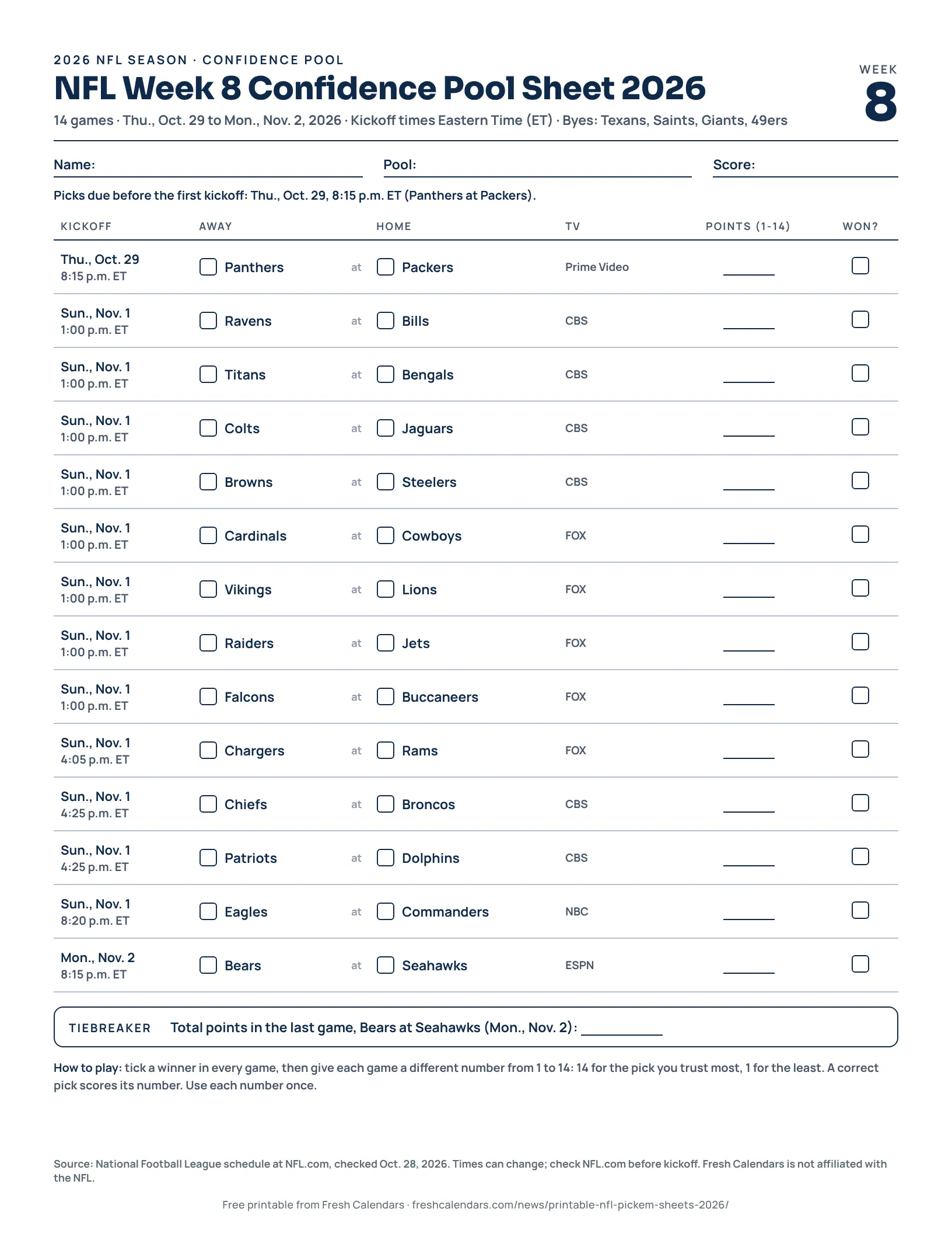 Printable NFL Week 8 confidence pool sheet for 2026 listing every game with tick boxes, US Letter size
