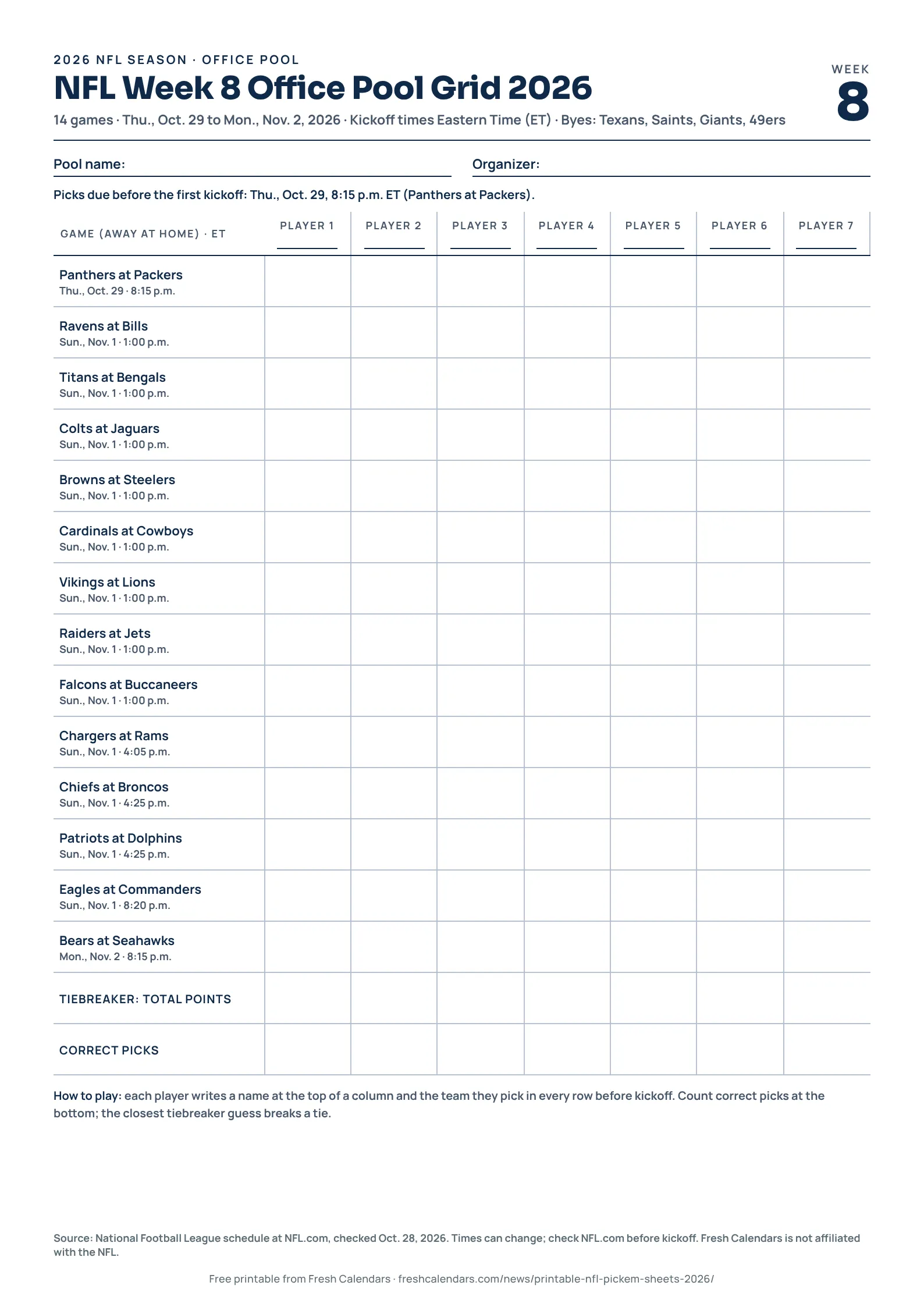 Printable NFL Week 8 office pool grid for 2026 listing every game with tick boxes, A4 size