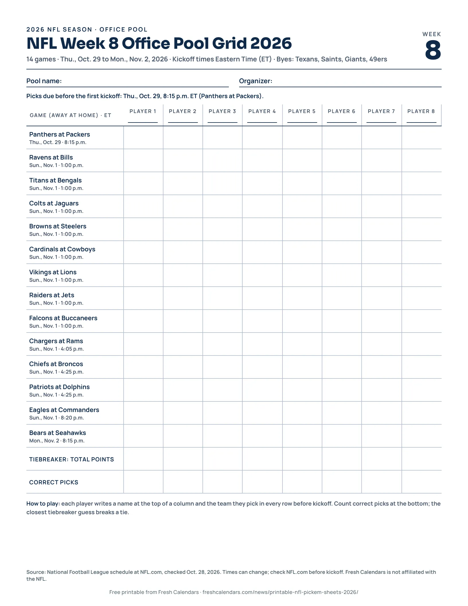Printable NFL Week 8 office pool grid for 2026 listing every game with tick boxes, US Letter size