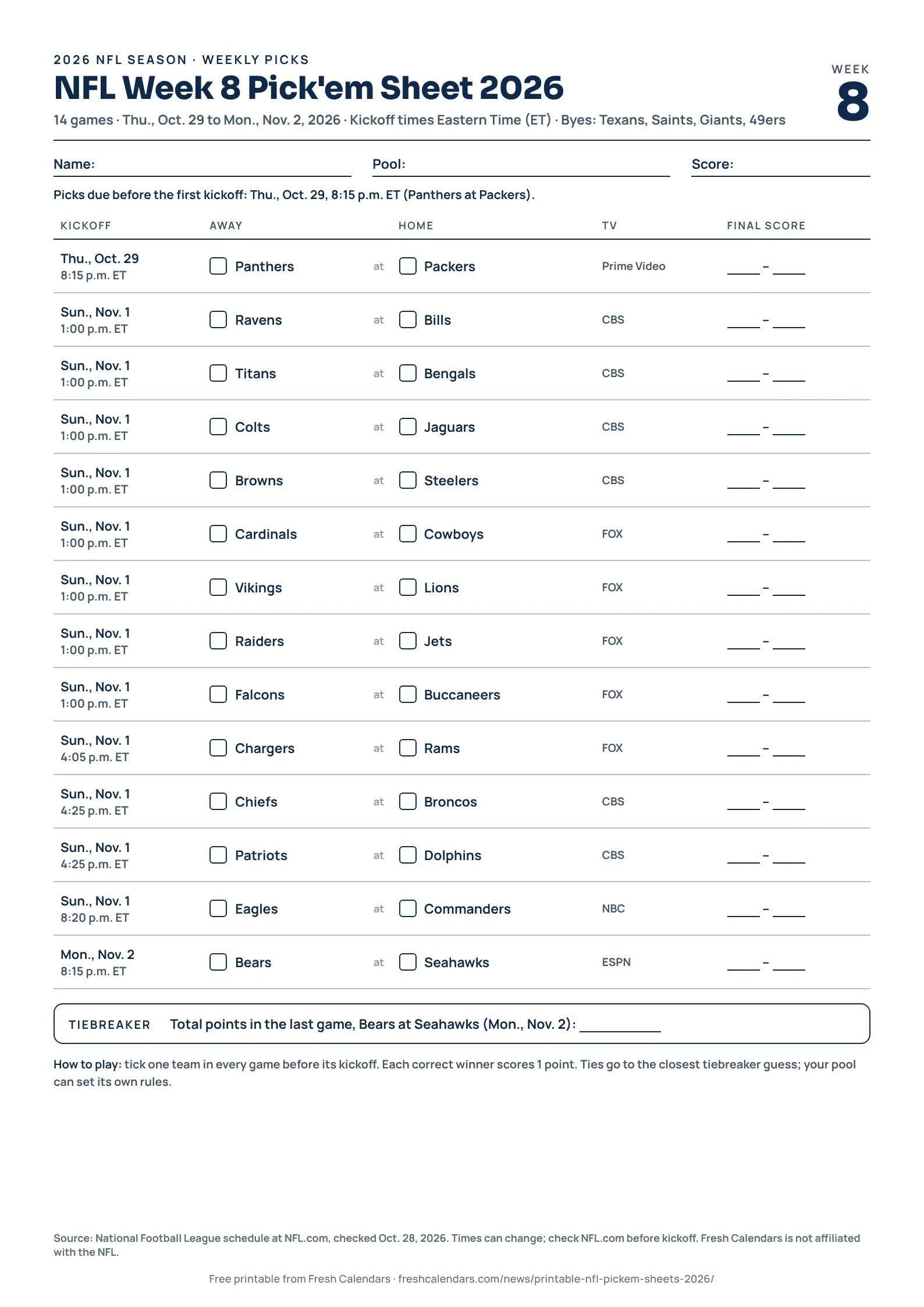 Printable NFL Week 8 pick'em sheet for 2026 listing every game with tick boxes, A4 size