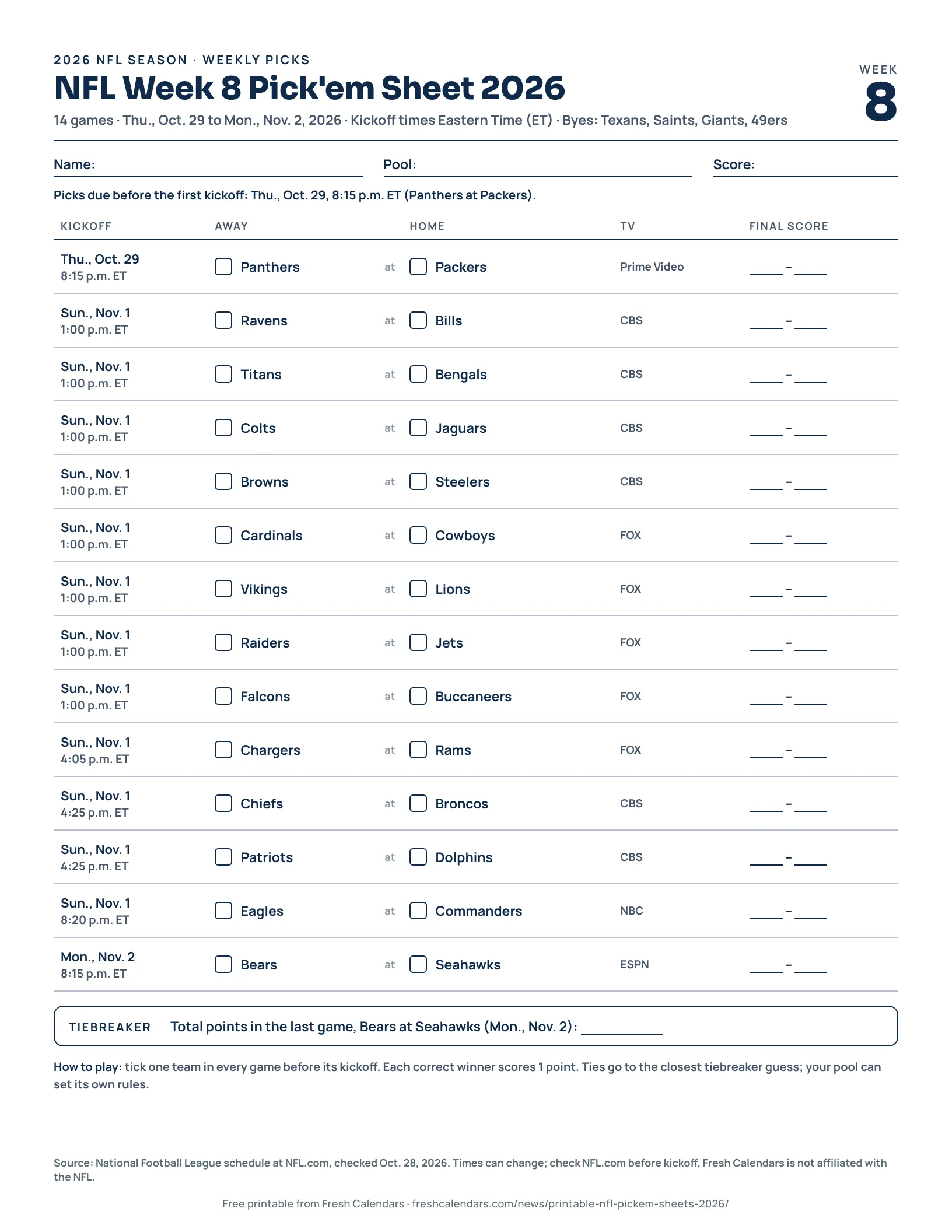 Printable NFL Week 8 pick'em sheet for 2026 listing every game with tick boxes, US Letter size