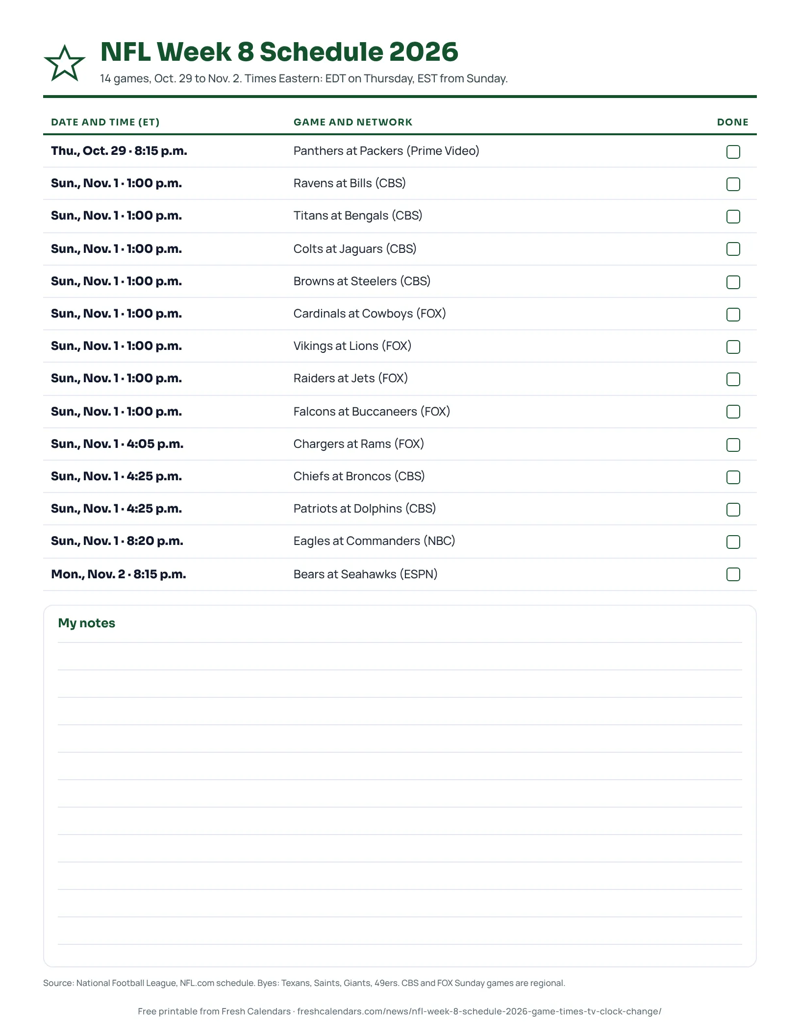 NFL Week 8 Schedule 2026 Printable NFL Week 8 2026 schedule listing 14 games with Eastern Time kickoff and network