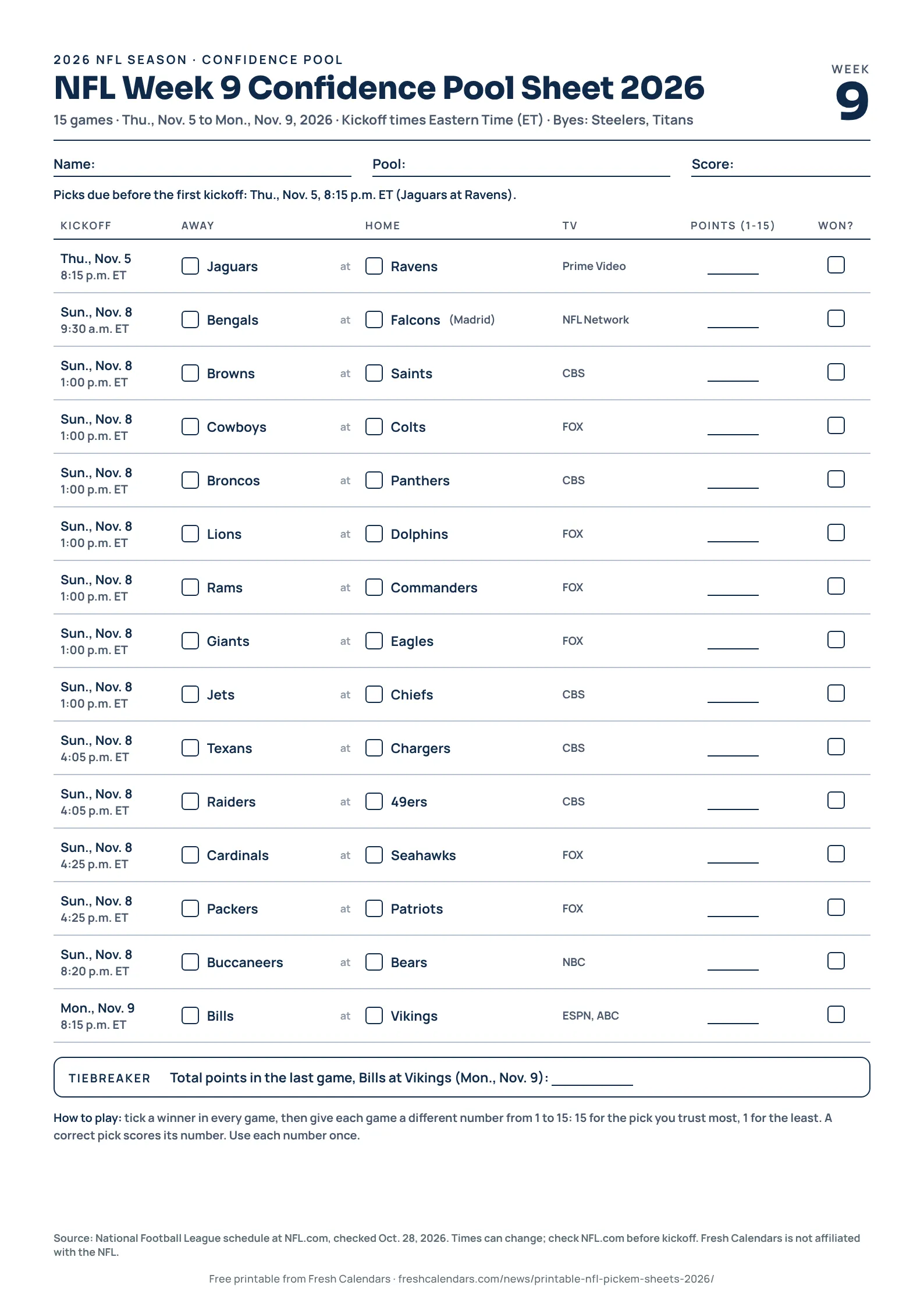 Printable NFL Week 9 confidence pool sheet for 2026 listing every game with tick boxes, A4 size