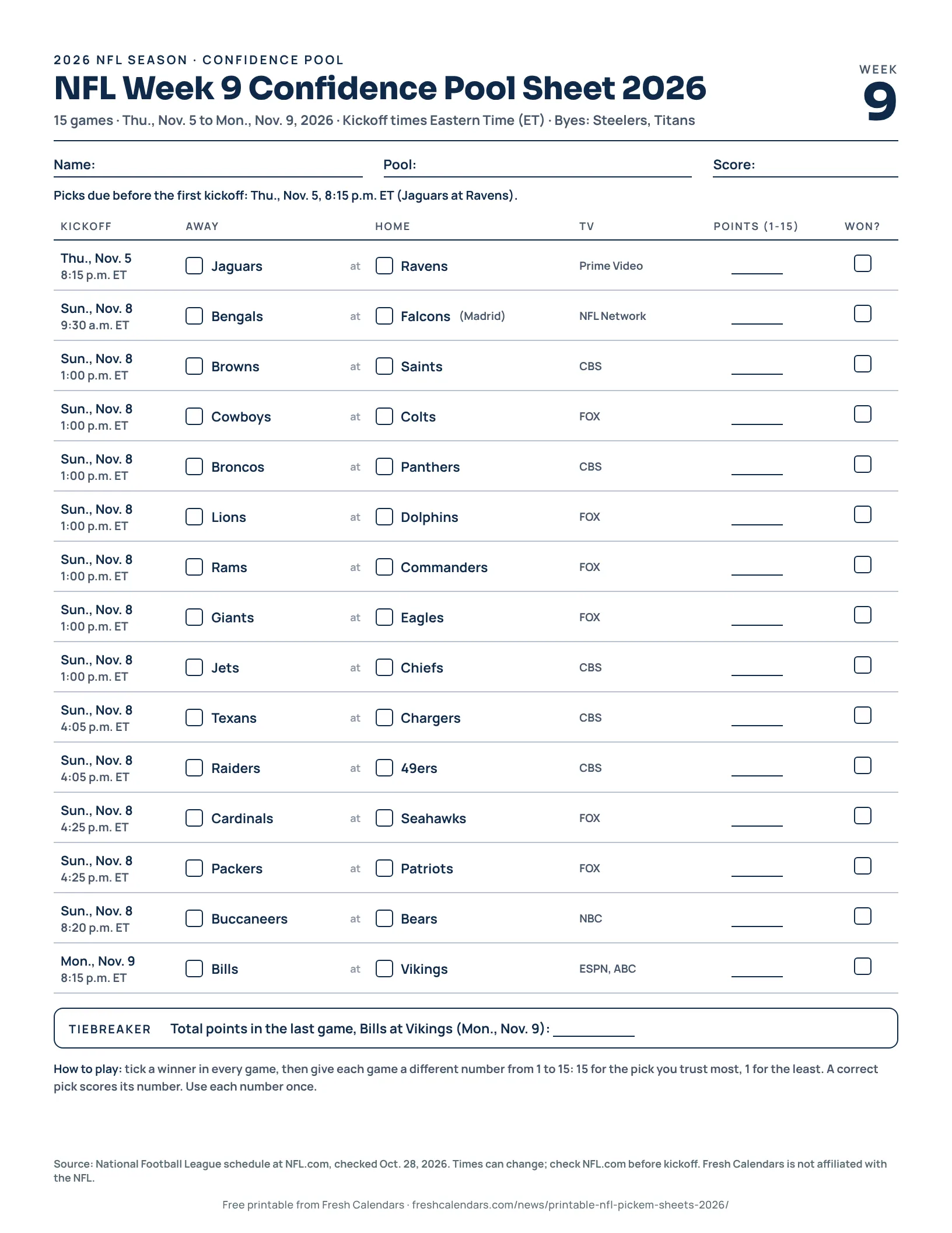 Printable NFL Week 9 confidence pool sheet for 2026 listing every game with tick boxes, US Letter size