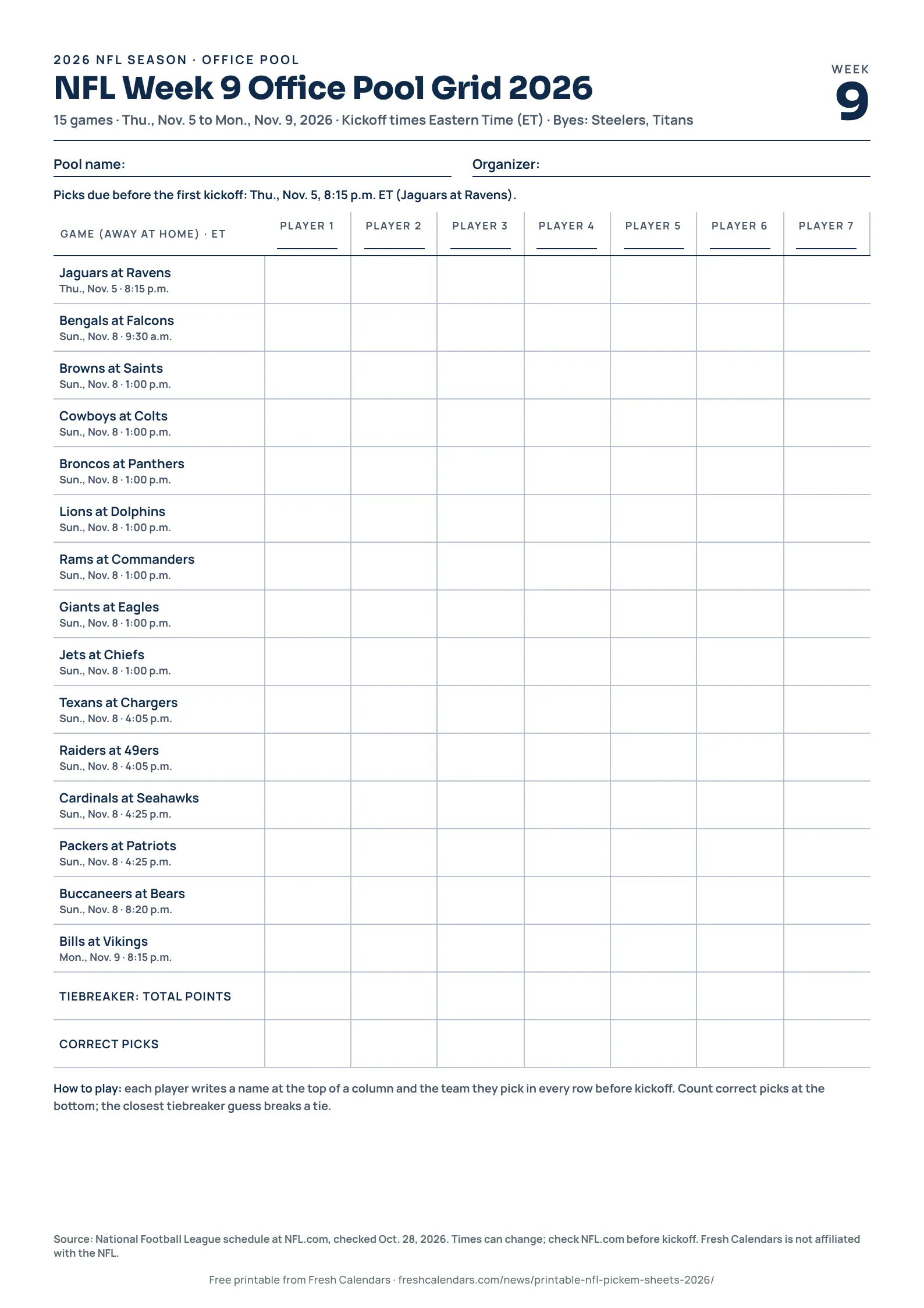 Printable NFL Week 9 office pool grid for 2026 listing every game with tick boxes, A4 size