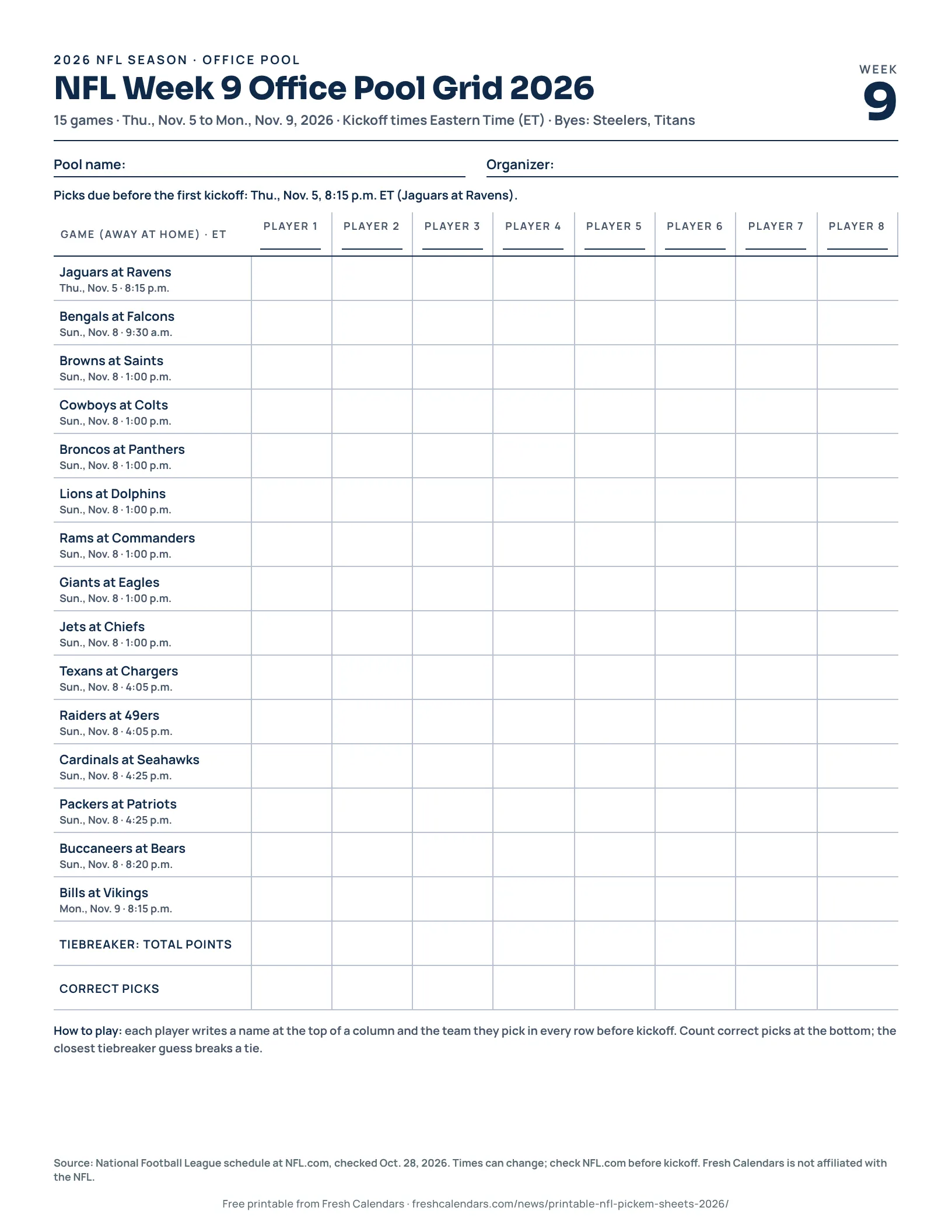 Printable NFL Week 9 office pool grid for 2026 listing every game with tick boxes, US Letter size