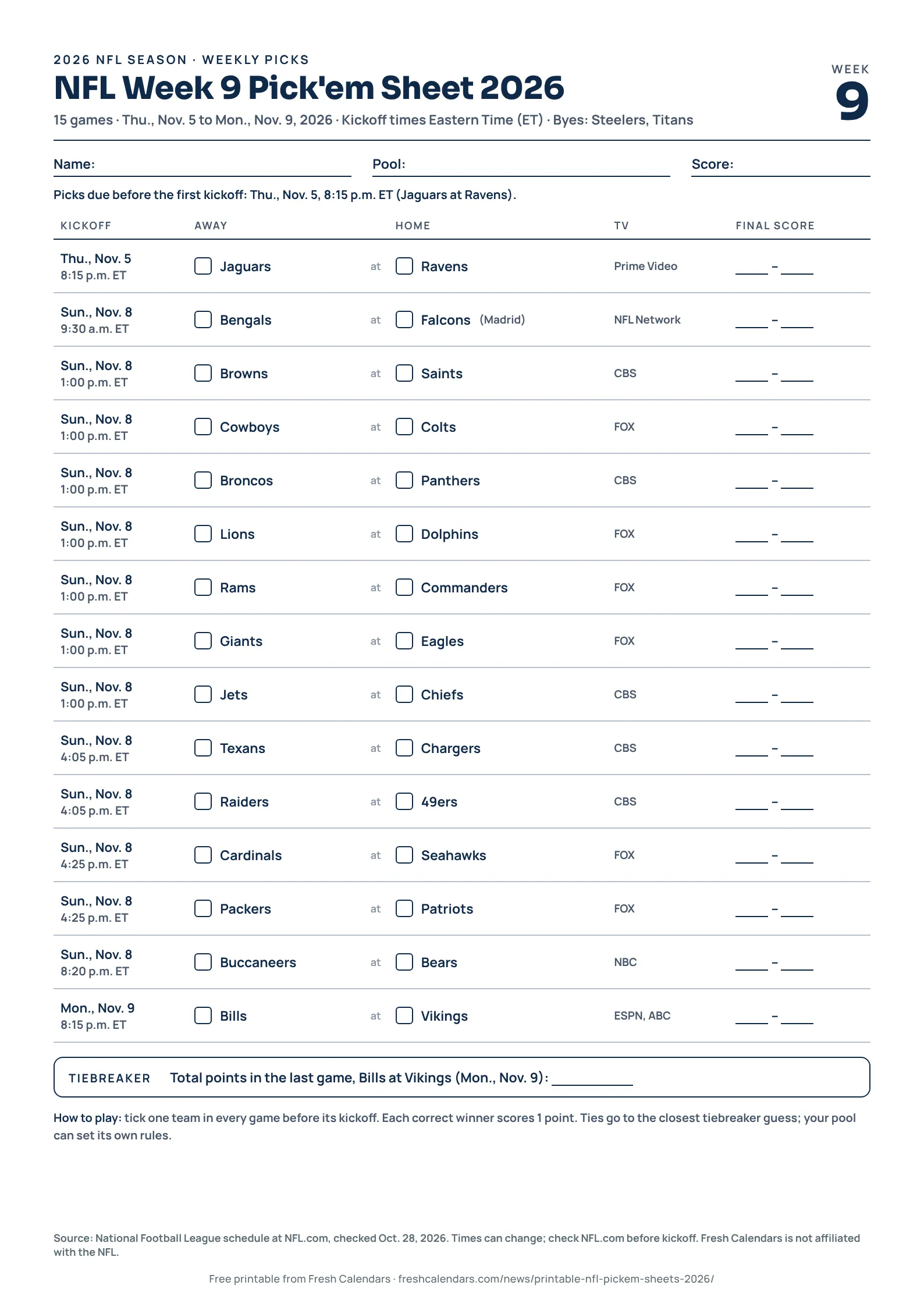 Printable NFL Week 9 pick'em sheet for 2026 listing every game with tick boxes, A4 size