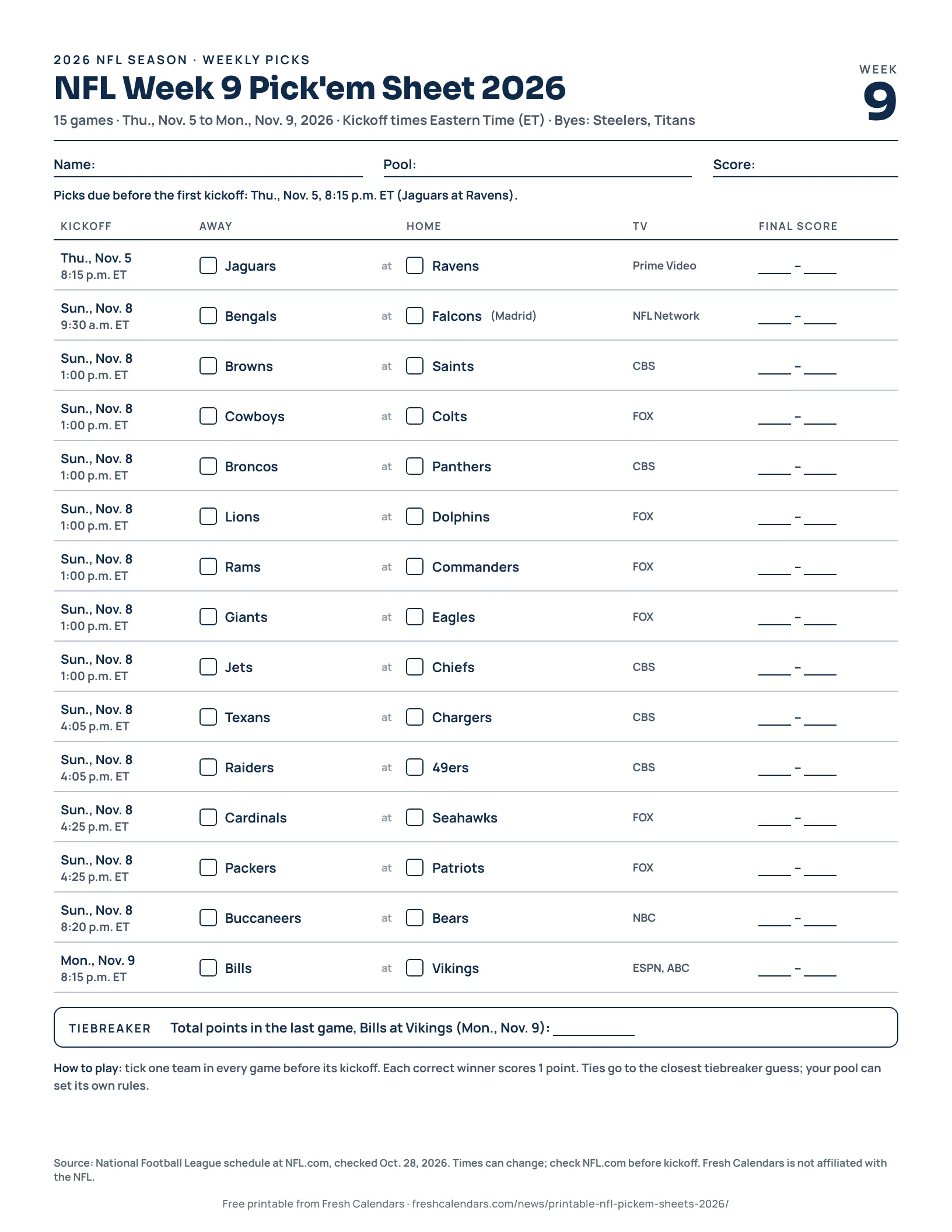 Printable NFL Week 9 pick'em sheet for 2026 listing every game with tick boxes, US Letter size
