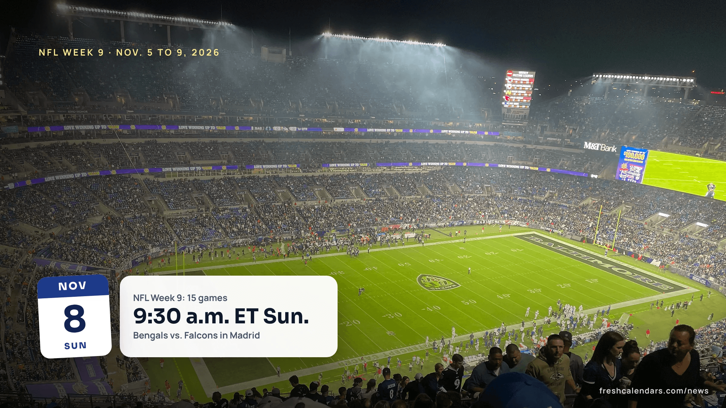 M&T Bank Stadium in Baltimore under the lights during a Ravens night game