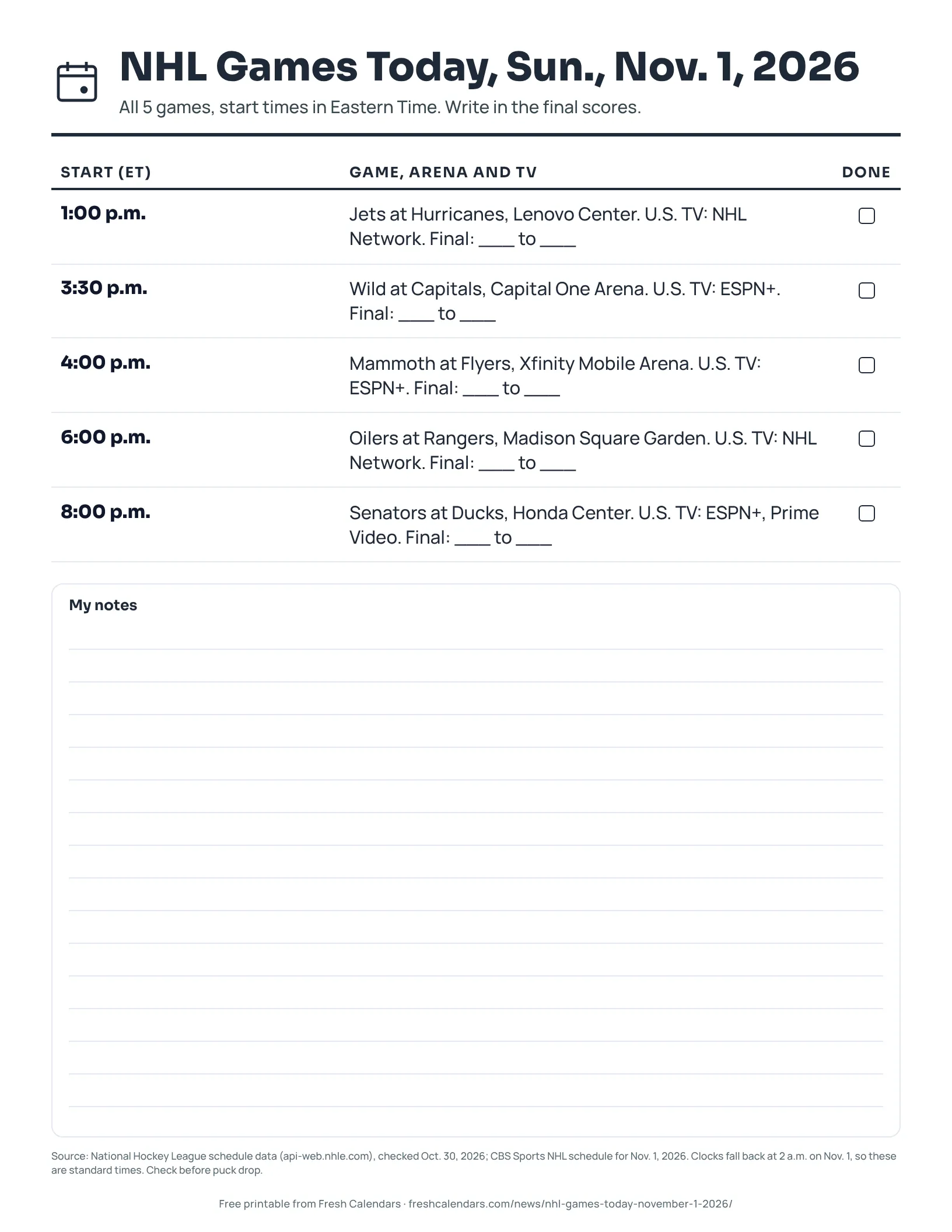 NHL Games Today, Sun., Nov. 1, 2026 (ink saver) Printable NHL games today sheet for Nov. 1, 2026, listing 5 games with start times, arenas, TV and score lines, ink-saver version