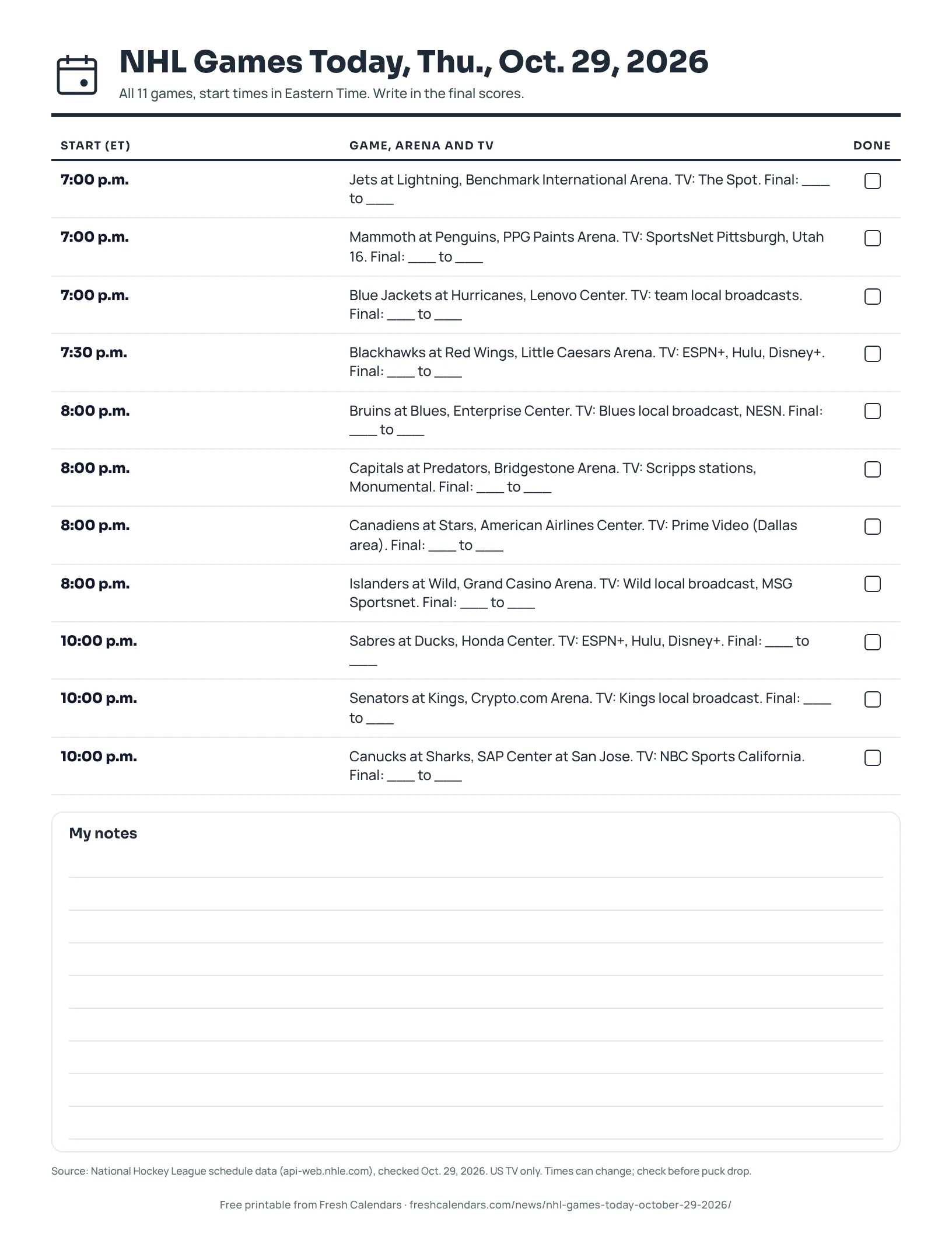 NHL Games Today, Thu., Oct. 29, 2026 (ink saver) Printable NHL games today sheet for Oct. 29, 2026, listing 11 games with start times, arenas, TV and score lines, ink-saver version