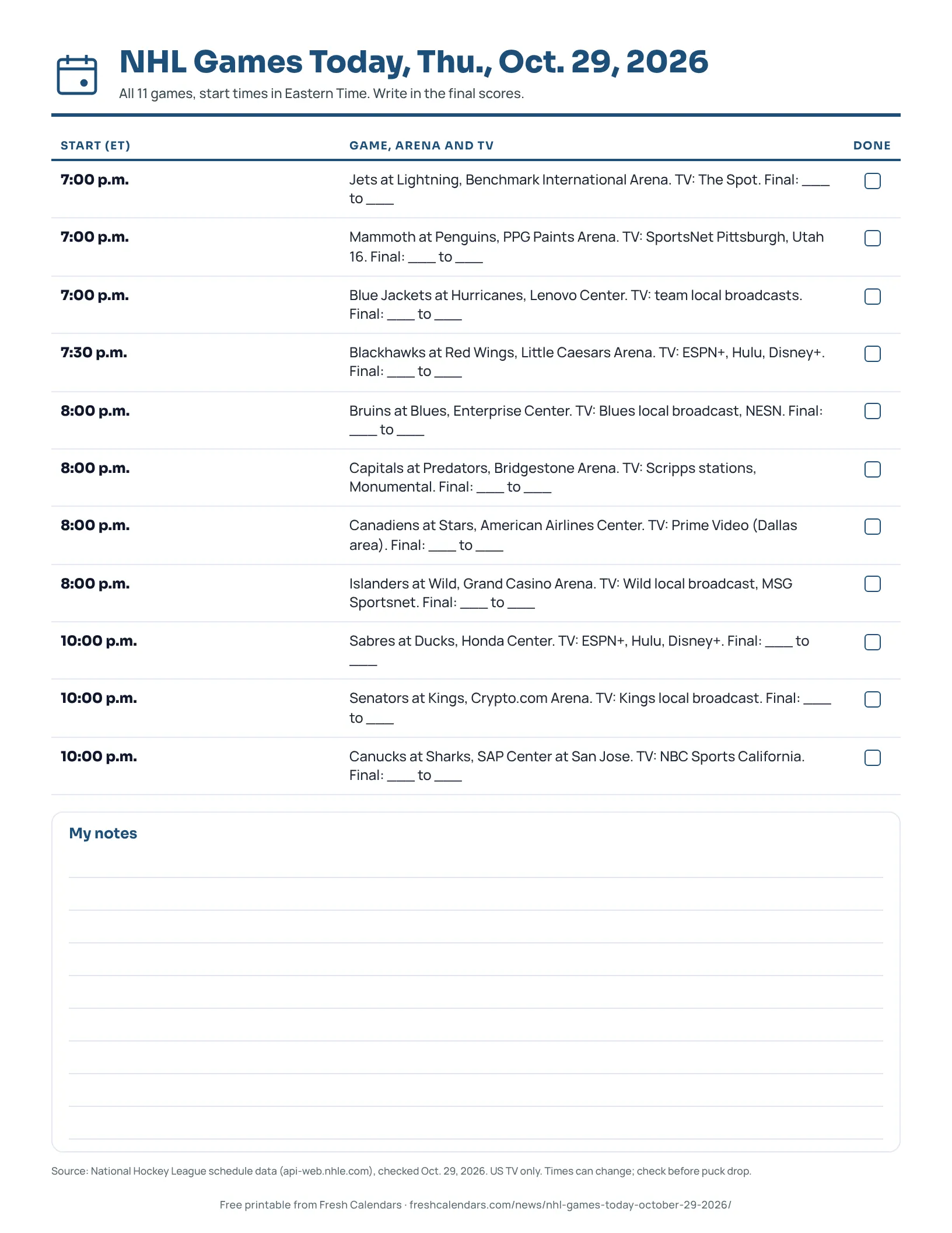 NHL Games Today, Thu., Oct. 29, 2026 Printable NHL games today sheet for Oct. 29, 2026, listing 11 games with start times, arenas, TV and score lines