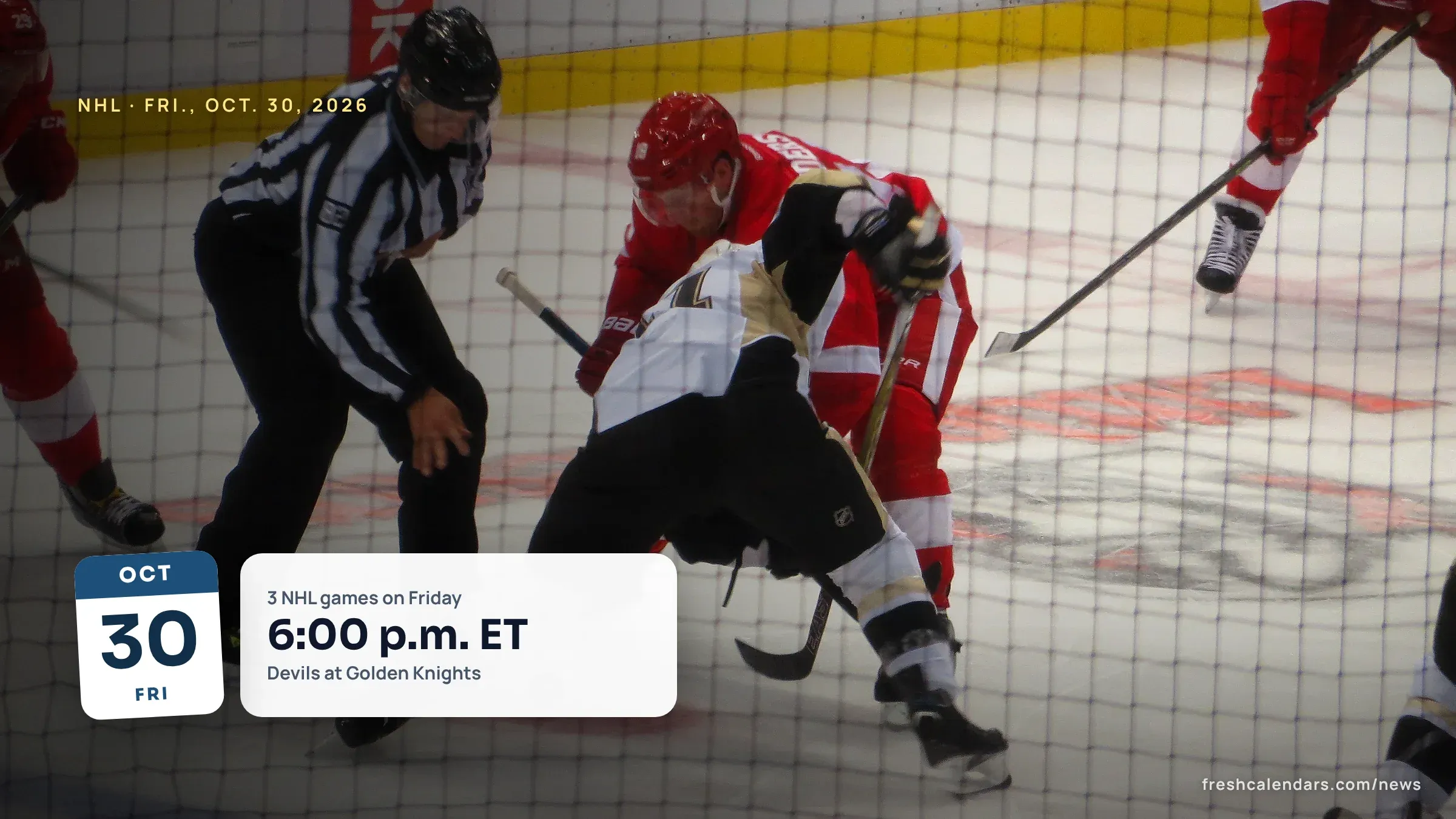 NHL players take a faceoff at Joe Louis Arena, a file photo for the NHL games today on Friday, Oct. 30, 2026