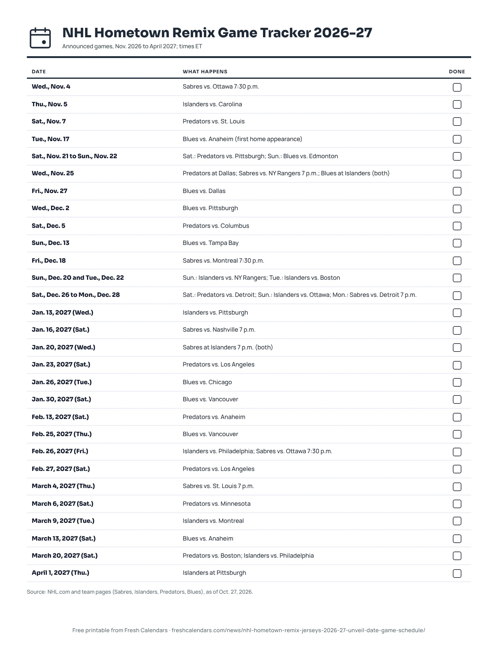 NHL Hometown Remix Game Tracker 2026-27 (ink saver) Printable NHL Hometown Remix game tracker for 2026-27 listing every announced game in date order, ink-saver version