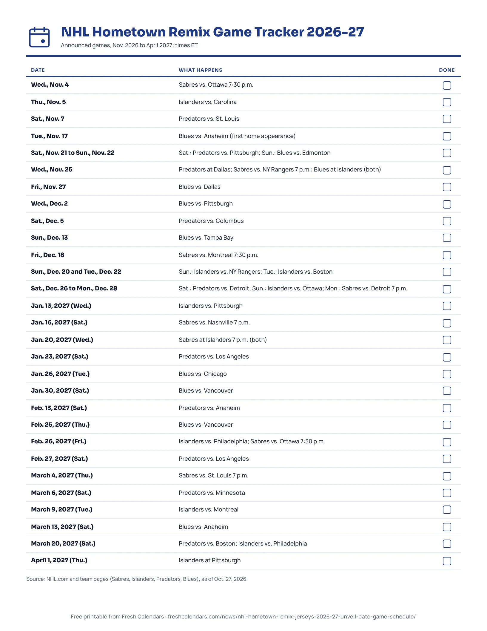 NHL Hometown Remix Game Tracker 2026-27 Printable NHL Hometown Remix game tracker for 2026-27 listing every announced game in date order