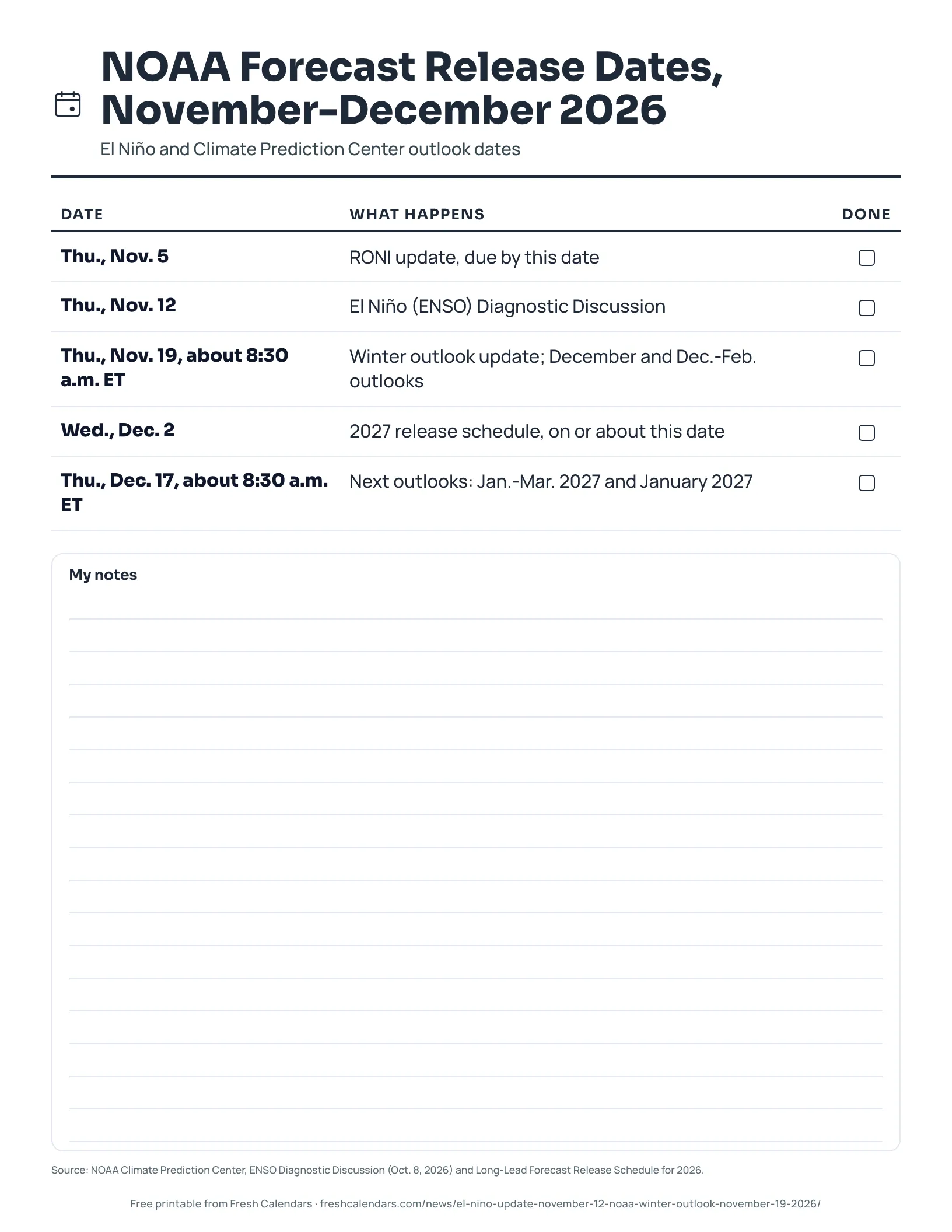 NOAA Forecast Release Dates, November-December 2026 (ink saver) Printable list of NOAA forecast release dates from Nov. 5 to Dec. 17, 2026, ink-saver version