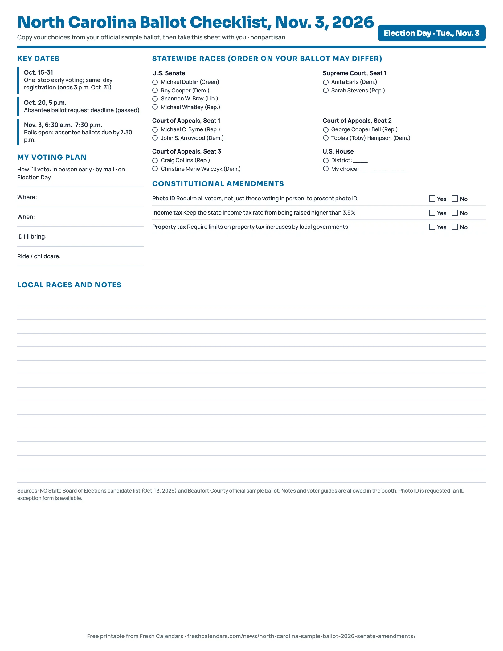 North Carolina ballot checklist 2026 printable with U.S. Senate, Supreme Court and Court of Appeals candidates and three amendments