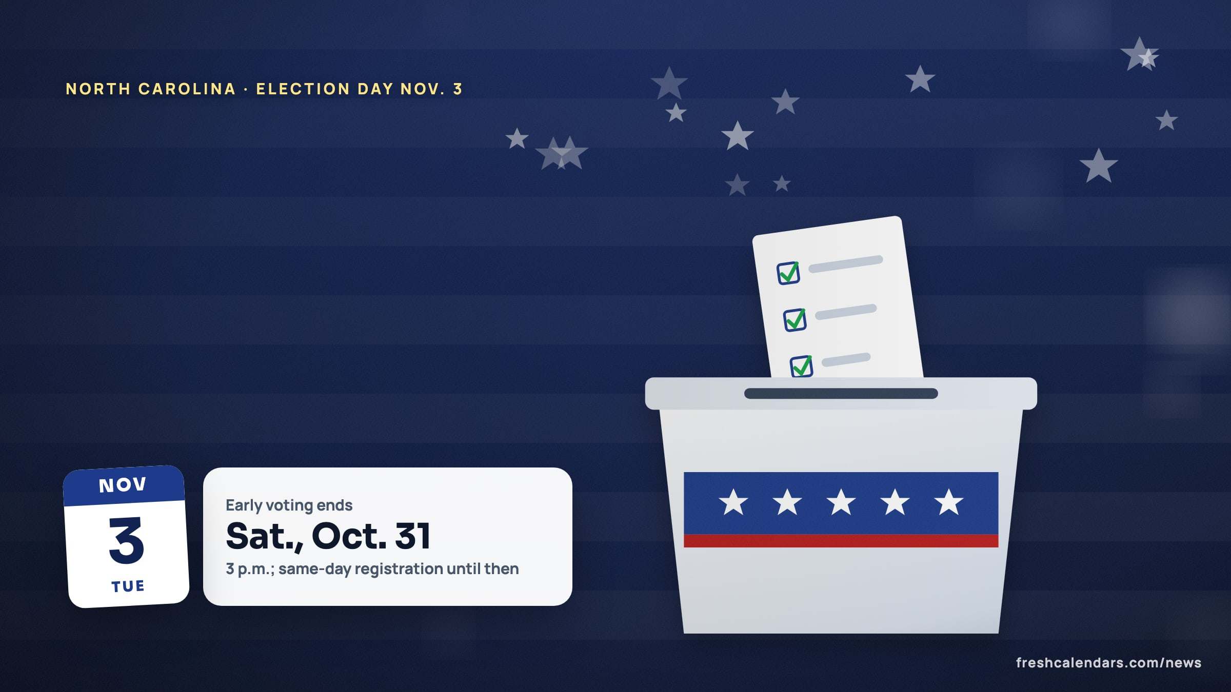 North Carolina sample ballot 2026 illustration: a ballot box scene with a Nov. 3 date tile and a card saying early voting ends Saturday, Oct. 31