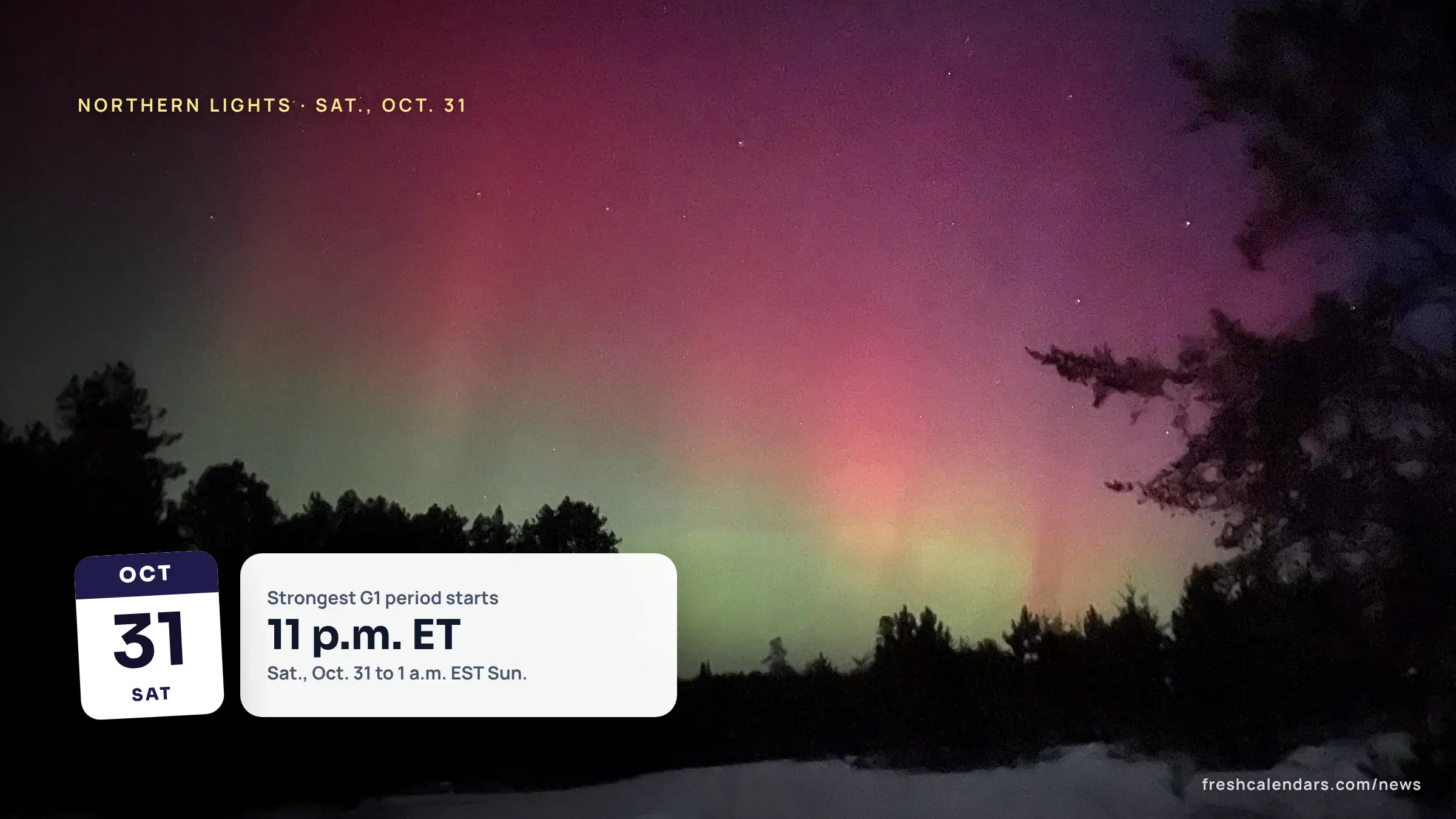 Northern lights tonight: green aurora over a dark horizon, the sky a G1 geomagnetic storm forecast is expected to light on Halloween 2026