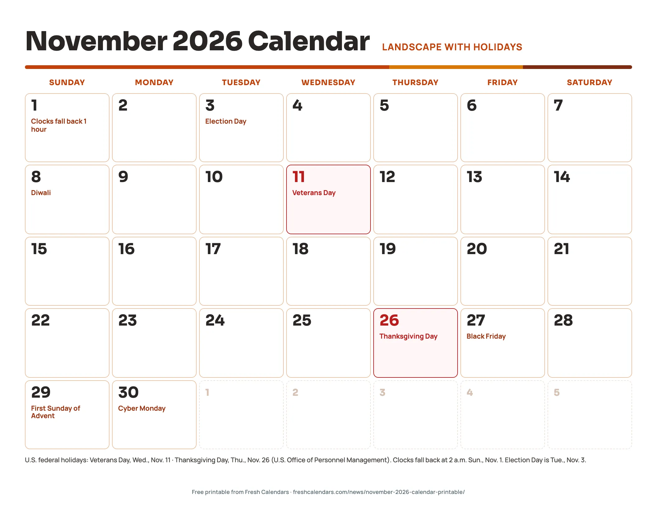 November 2026 Calendar, Landscape With Holidays November 2026 calendar landscape printable with large rounded date boxes and holidays marked