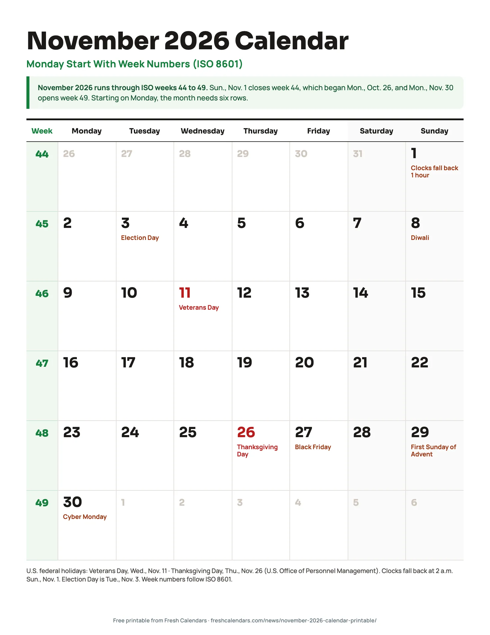 November 2026 Calendar, Monday Start With Week Numbers November 2026 calendar Monday start with ISO week numbers 44 to 49 in a green column