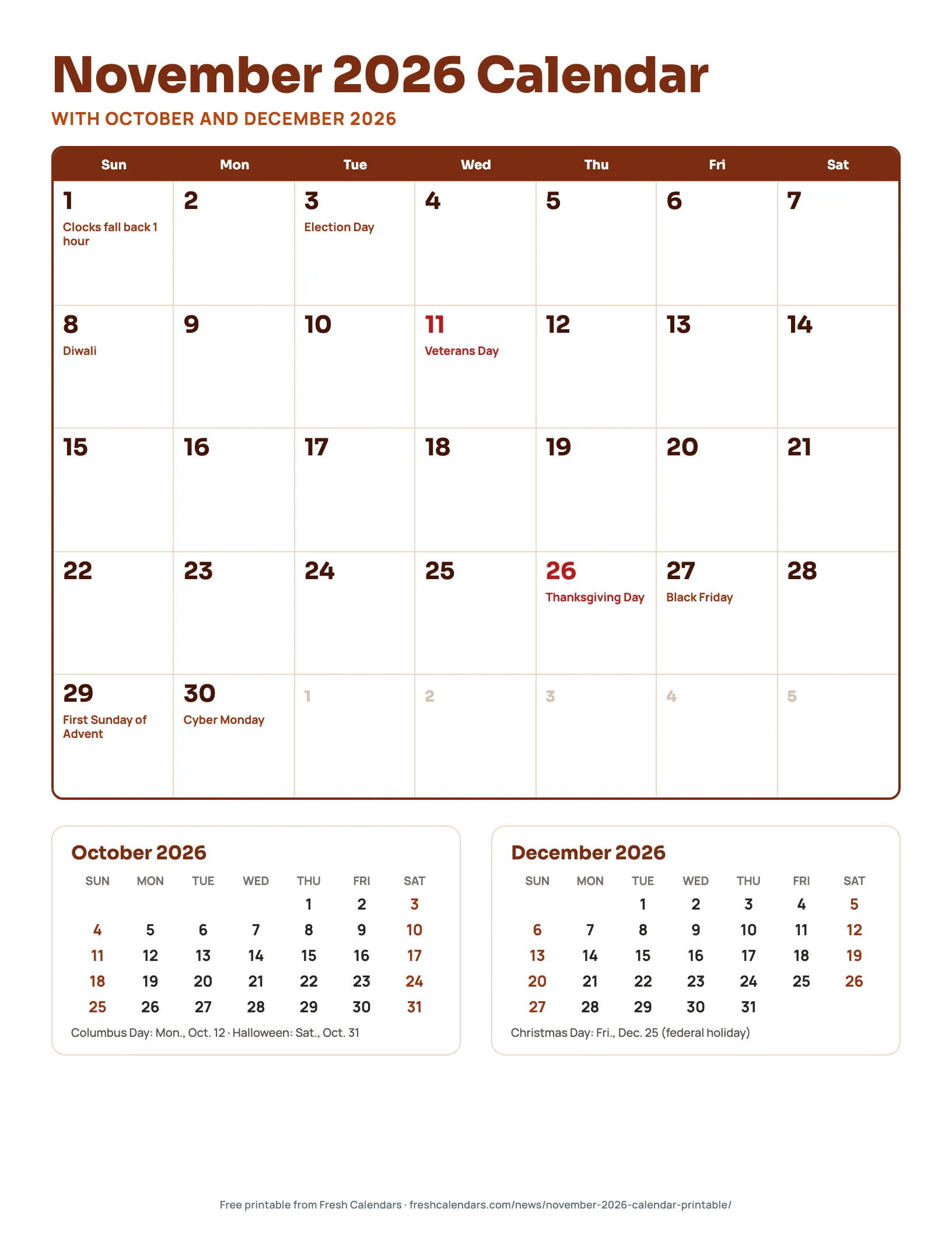 November 2026 Calendar With October and December 2026 November 2026 calendar with October and December 2026 three-month printable