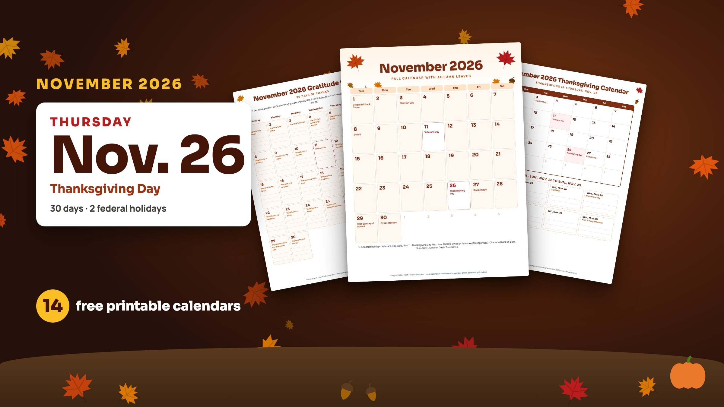 November 2026 calendar printables: gratitude, fall leaves and Thanksgiving sheets fanned out beside a Thursday, Nov. 26 Thanksgiving Day tile